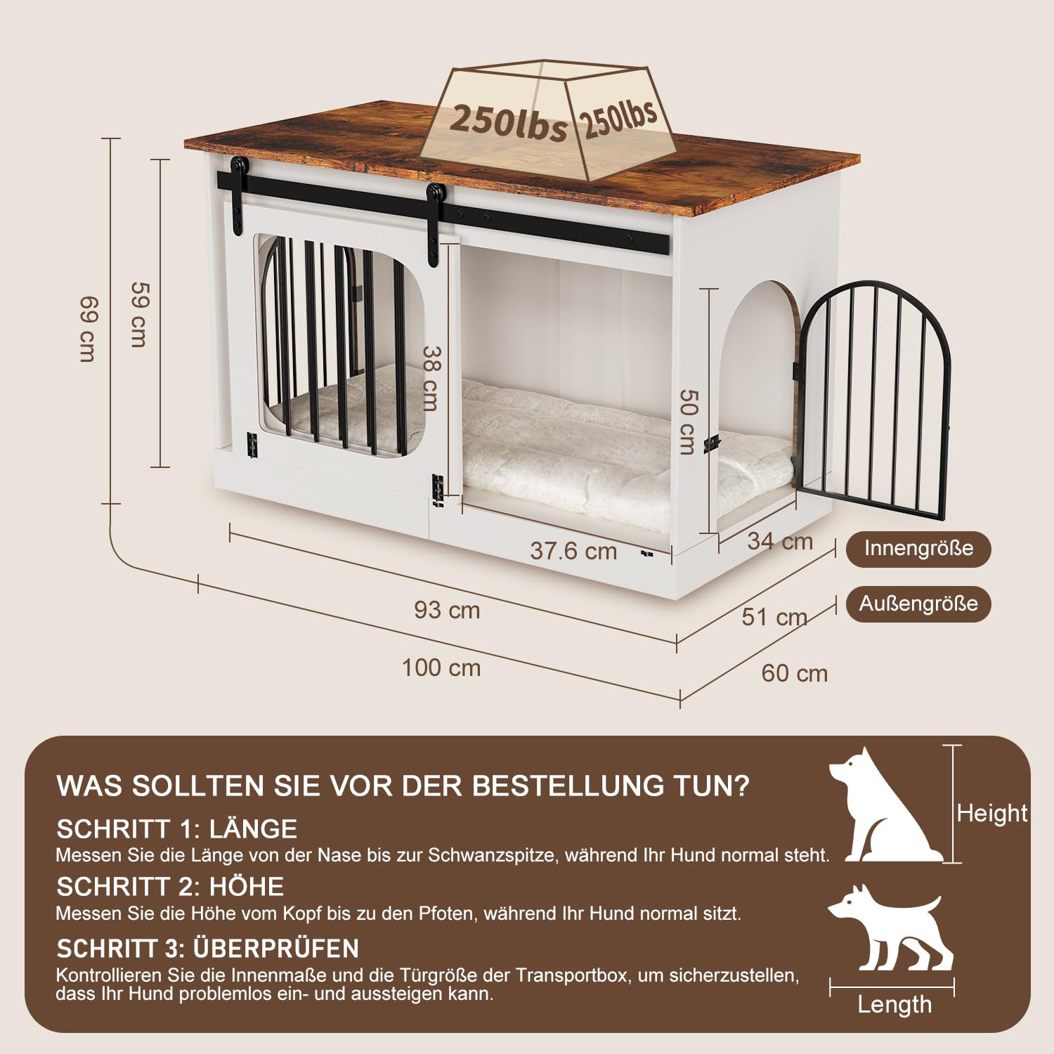 Hundebox für Zuhause 100cm, XL Hundekäfig Möbel mit 3 Schiebetüren & Hundematte, Moderne Hundehütte Holz für Kleine Mittlere Große Hunde, 100x60x69cm, Weiß & Braun