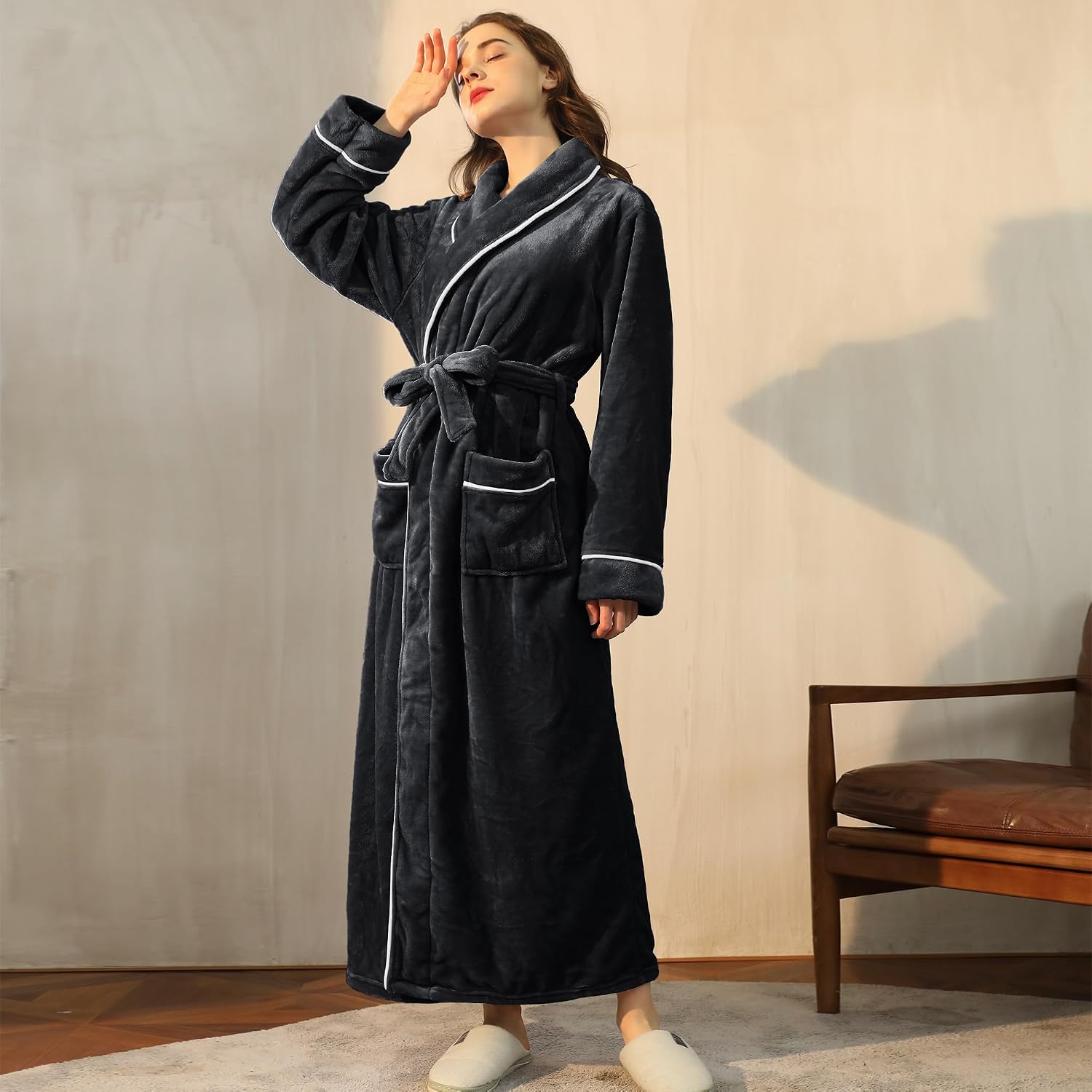 ZBR Plush Long Robes Womens Soft Warm Fleece Bathrobe Fuzzy Robe