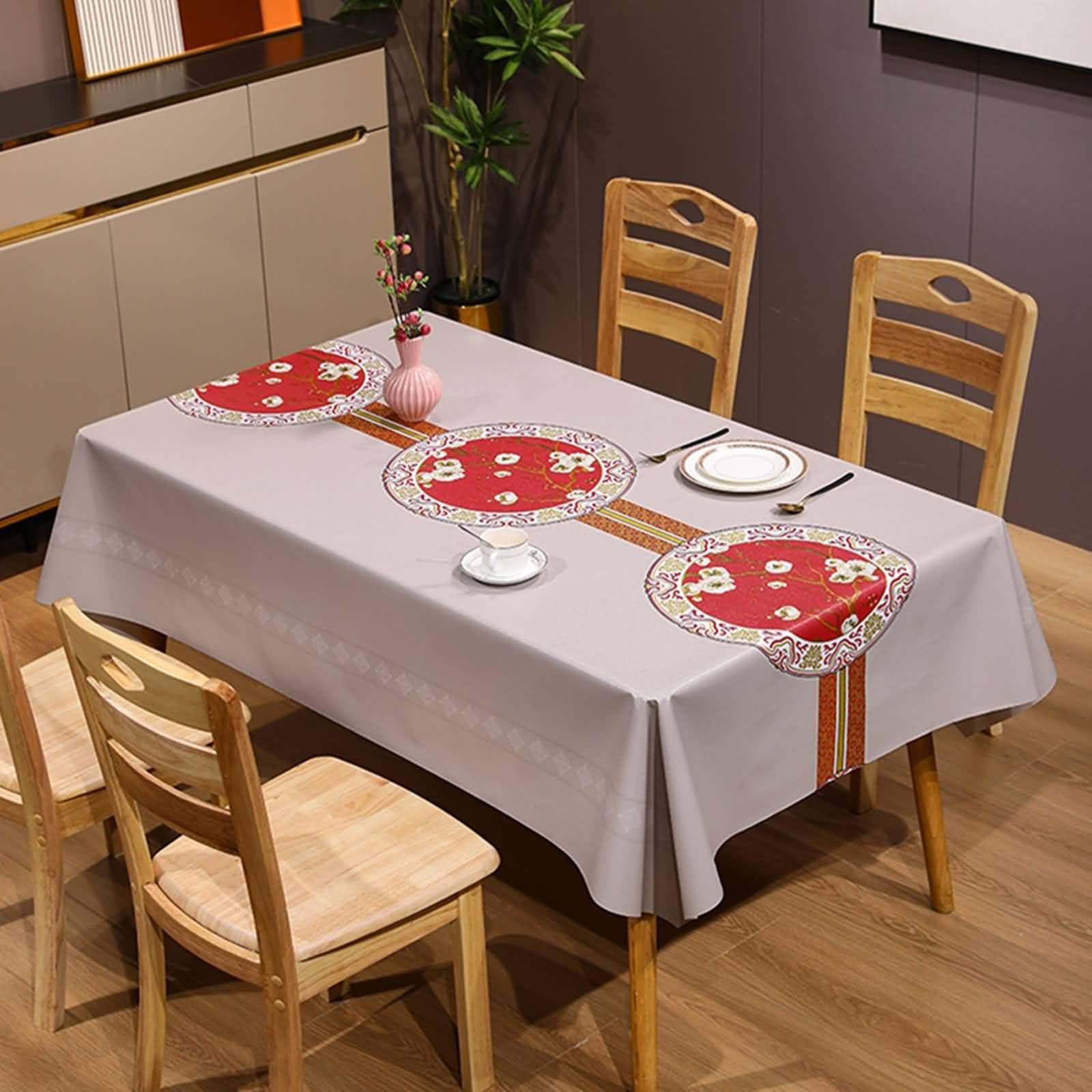 Nappe PVC imperméable 140x220cm rectangulaire grise et rouge style chinois