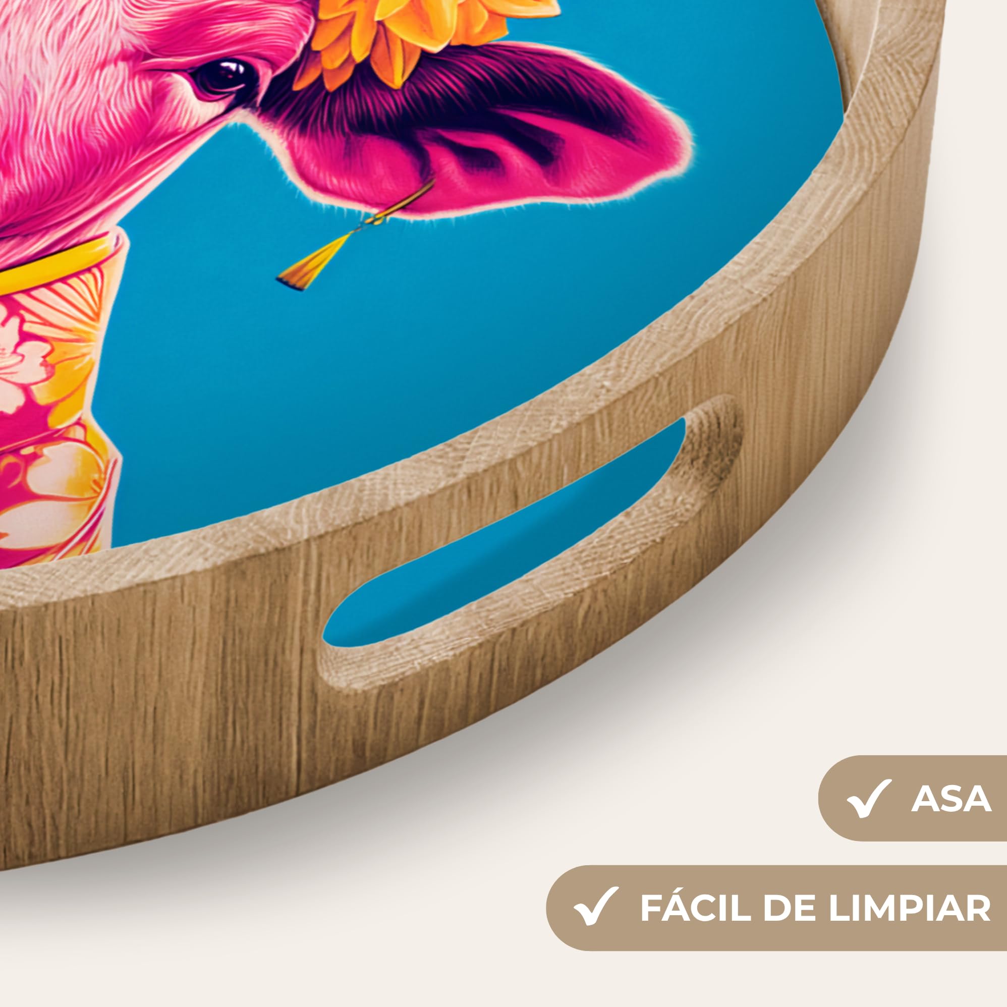 Bandejas De Madera Redonda 50x50 cm Bandeja para Servir Roble Decorativa Resistente A Los Arañazos Tabuleiro Diseño Desayuno Vaca - Corona Flores - Pendientes - Kimono