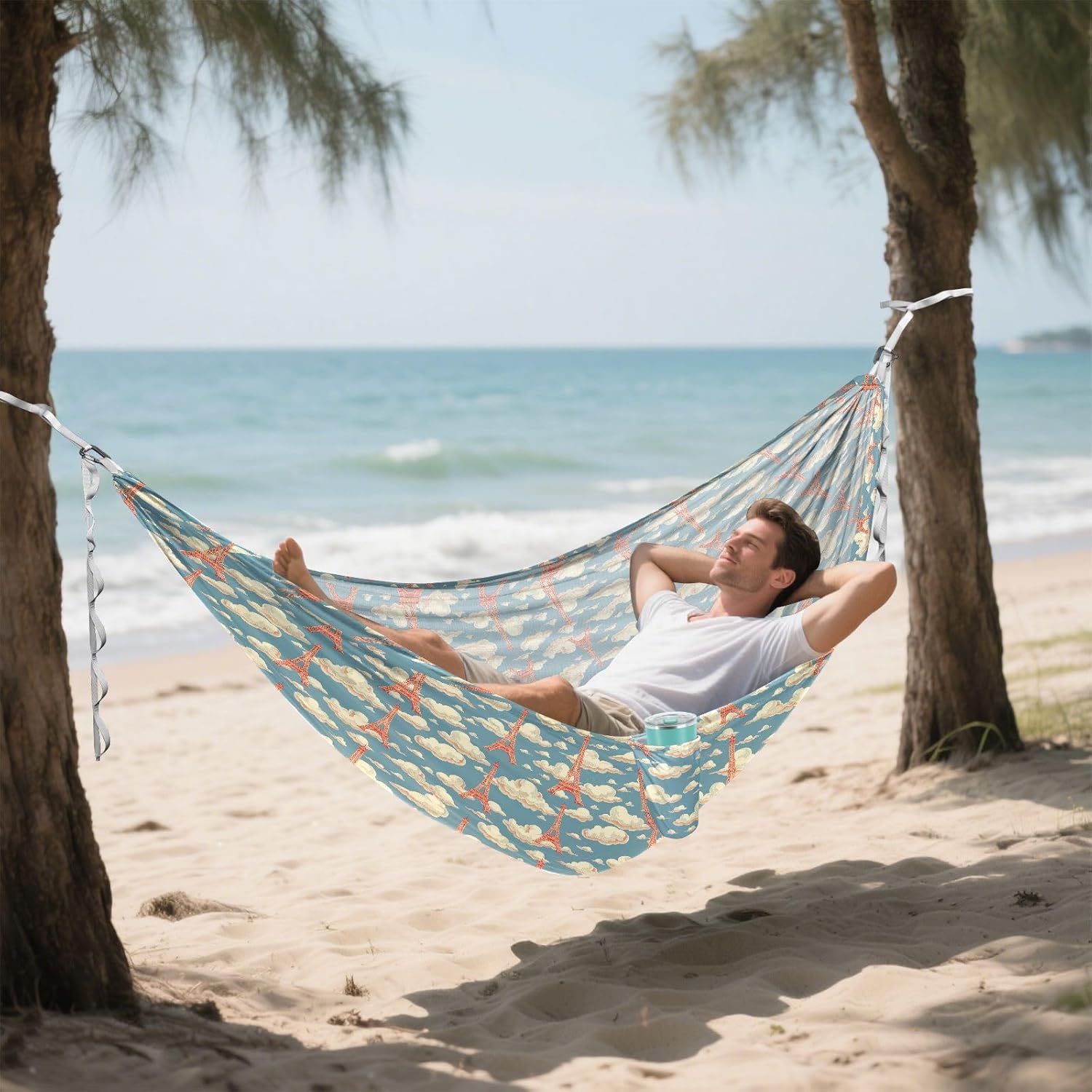 ALAZA Eiffel Tower Cloud Camping Hammocks Single or 2 Person 500 lbs Portable Parachute Travel Hammock w/Tree Straps for Hiking Backpacking Indoor Outdoor