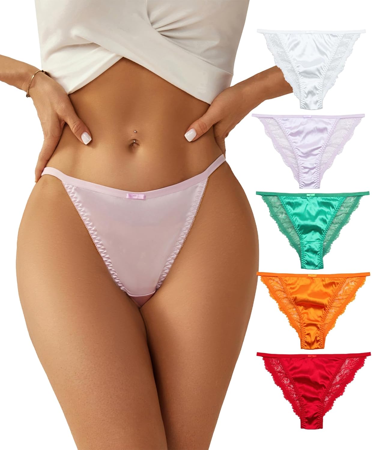 Women's Sexy Lace Satin Bikini Panties, Low Rise Hipster Cheeky Underwear Silky Lace Tanga Briefs 5 Pack