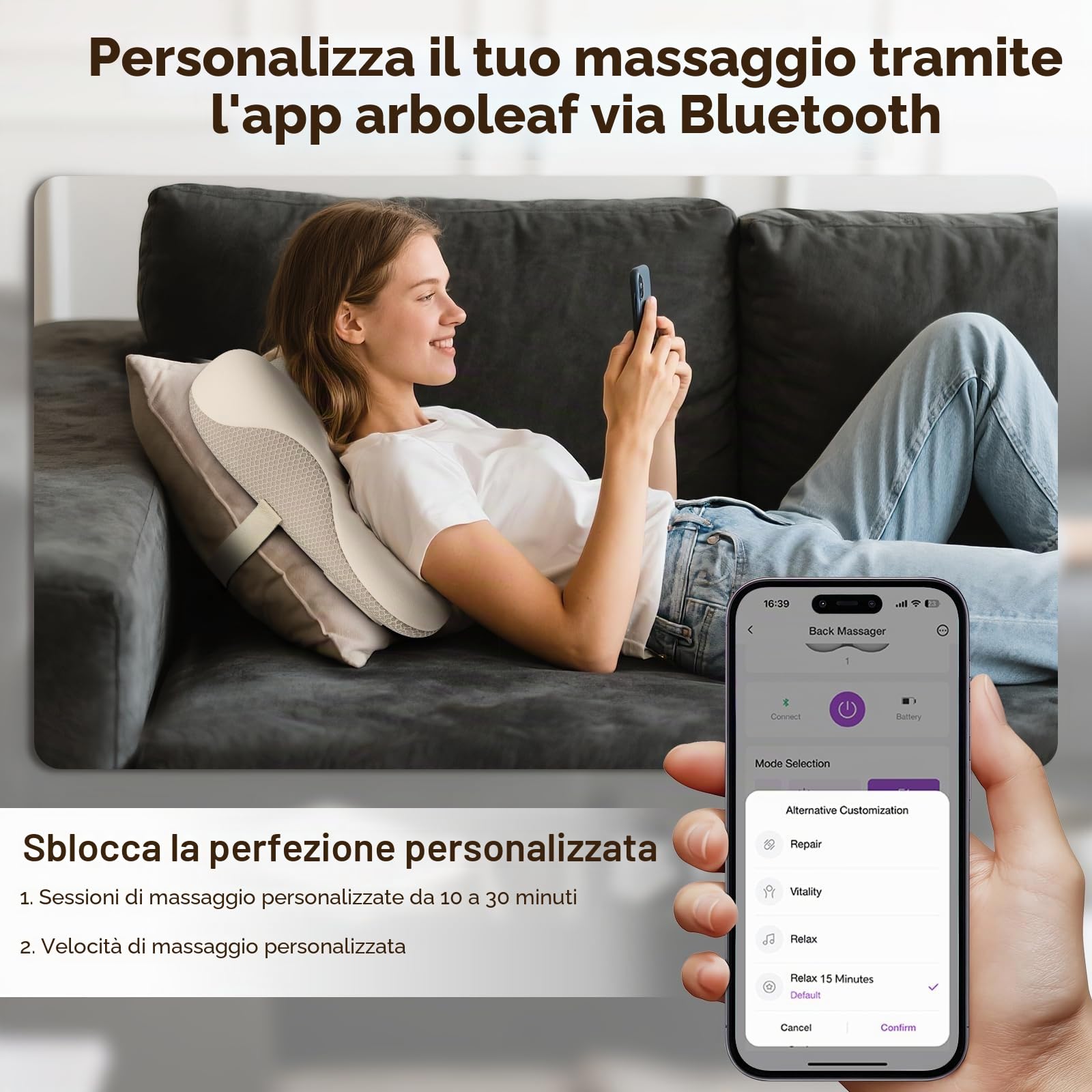 Arboleaf Cuscino Massaggiante Elettrico con Bluetooth e Controllo APP, massaggiatore Schiena e Collo, Massaggiatore Lombare, Massaggio Shiatsu con Calore, Idee Regalo per Uomo Donne Mamma Papà