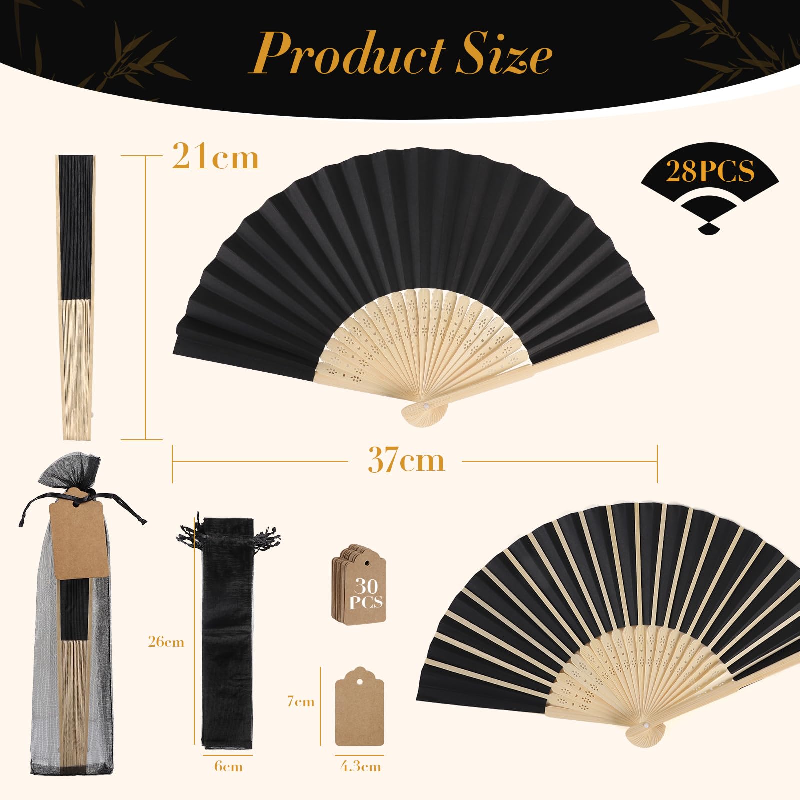 SWAWIS 28 Pièces Eventails en Papier Noir, Éventails Pliants Pliable avce 30 Sacs en Organza & Cartes de Remerciement, Éventail Mariage pour Baptêmes Décorations de Fêtes DIY, Eventail
