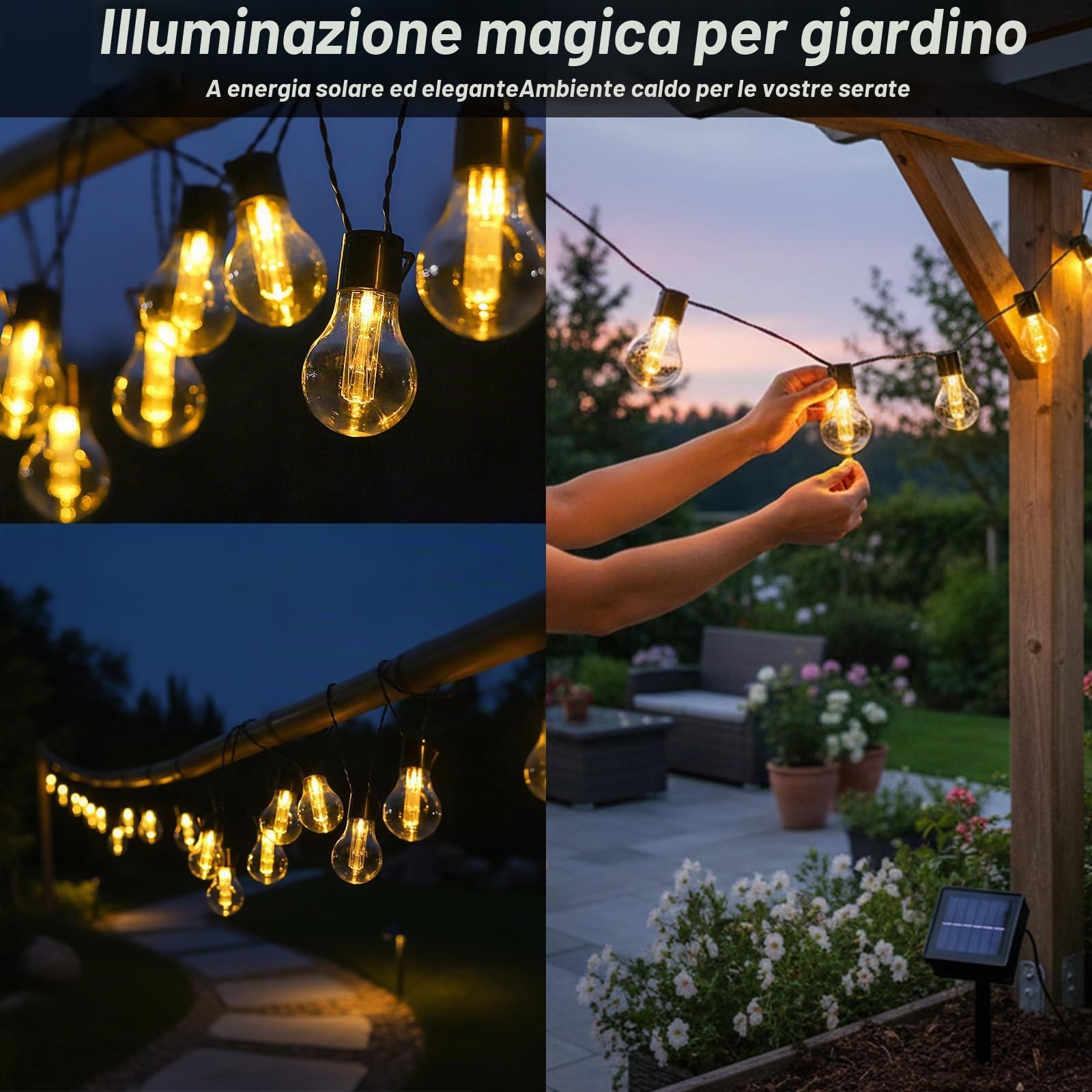 Ghirlanda luci da esterno solare, 9 metri, 20 LED, lampadine in plastica infrangibile, IP65, impermeabile, 8 modalità luce calda per giardino, terrazza, balcone, pergola, feste