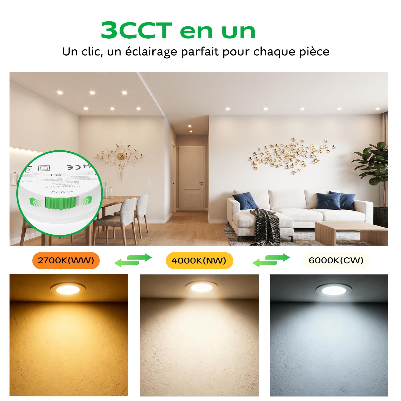 Spot LED Encastrable 5W Dimmable Lot de 20, 3 Températures 2700K/4000K/6000K, Spot Salle de Bain IP44, Trou 68–75mm, Spots de Plafond LED pour Rénovation Maison Cuisine Salon Chambre