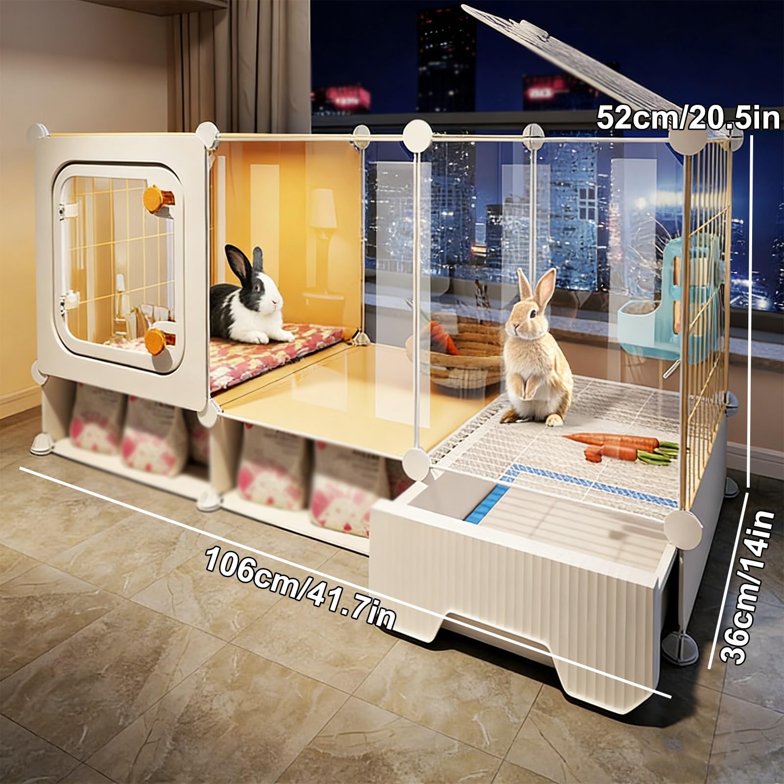 Cage Lapin Transparente, Clapier d'intérieur avec Plateau Coulissant et Espace de Rangement, Cage Cochon d'Inde, for Petits Animaux(106x36x52CM)