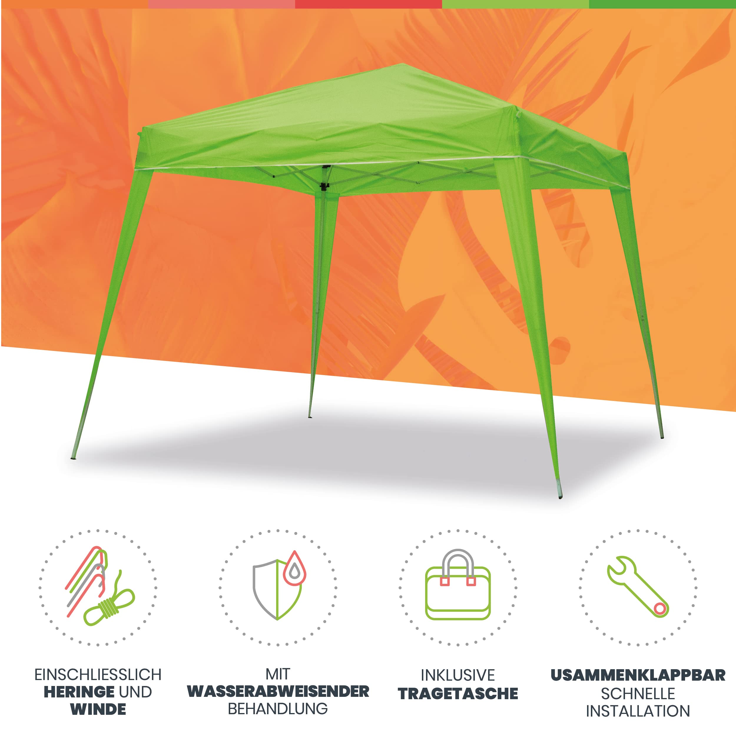 Wasabi Faltpavillon 3x3 m Wasserdicht – Garten Pavillon Stabil – Klappzelt für Garten, Terrasse, Camping und Strand – Schnellaufbau – Mit Tragetasche (Grün)