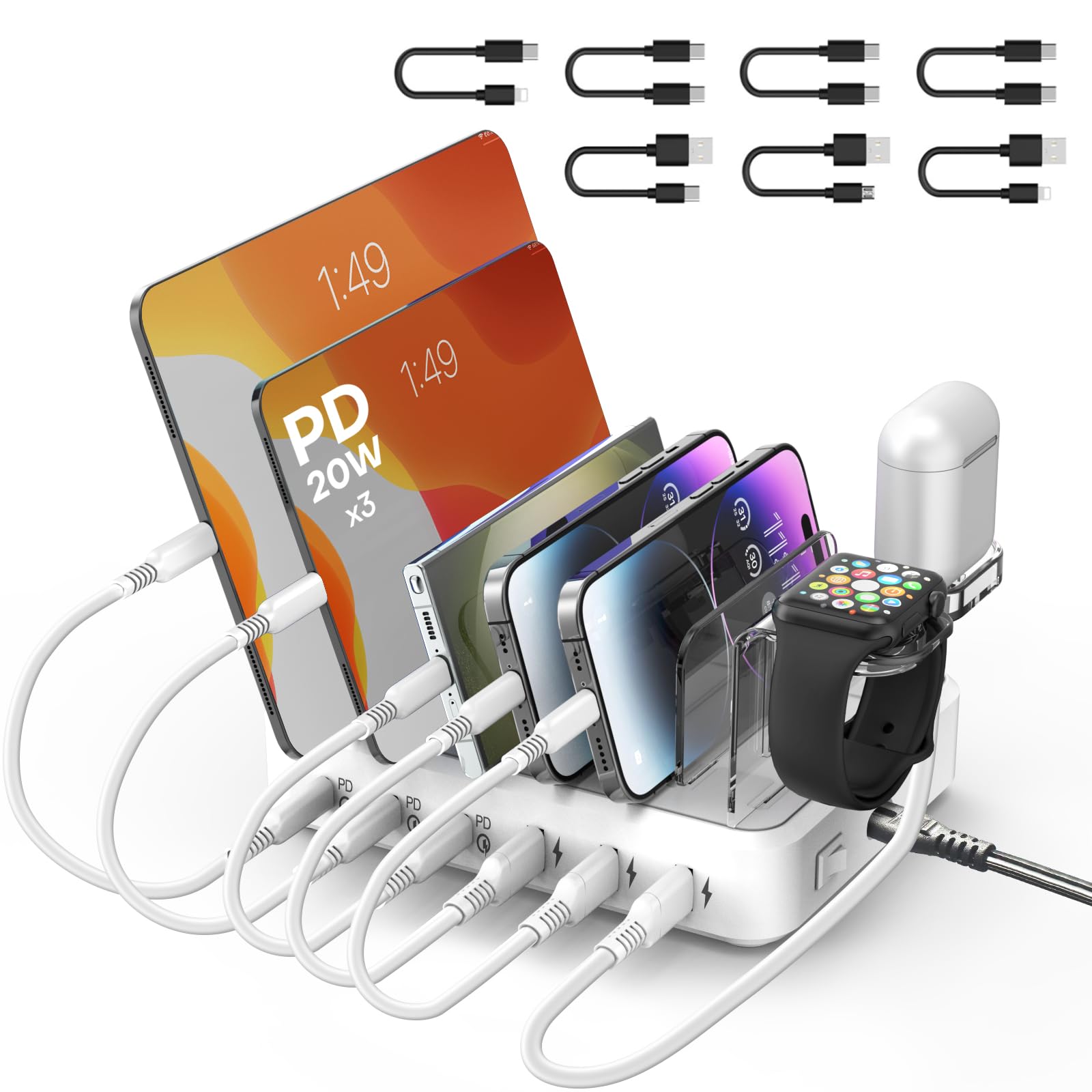 Charging Station for Multiple Devices,75W 6 Port Charger Station with 3 PD 20W USB C Fast Charging Ports,7 Charging Cables,USB C Charging Dock for iPhone iPad,Tablets Android