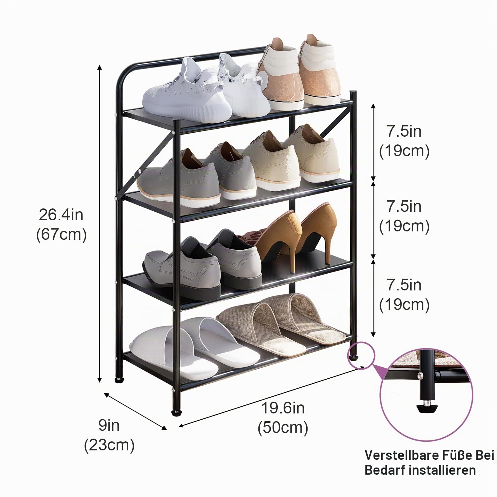 4-stufiges klappbares Metall-Schuhregal, ohne Montage