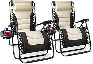 KEPLIN 2 Pack Padded Gravity Recliner Chairs Extra Wide, Foldable Armrest & Head Pillow Adjustable with Cup Holder Tray Durable & Sturdy Up to 200kg for Patio, Garden, Camping & Fishing(Cream)