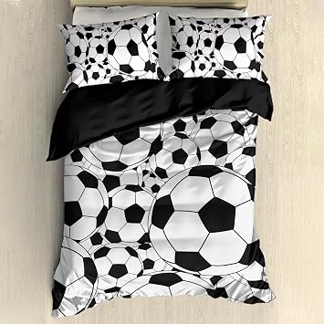 3D Soccer Duvet Cover Set Twin, Boys Football Soccer Ball Decorative Comforter Cover Set 3 Pieces Bedding Set with 2 Pillow Sham, Youth Sports Theme Black White