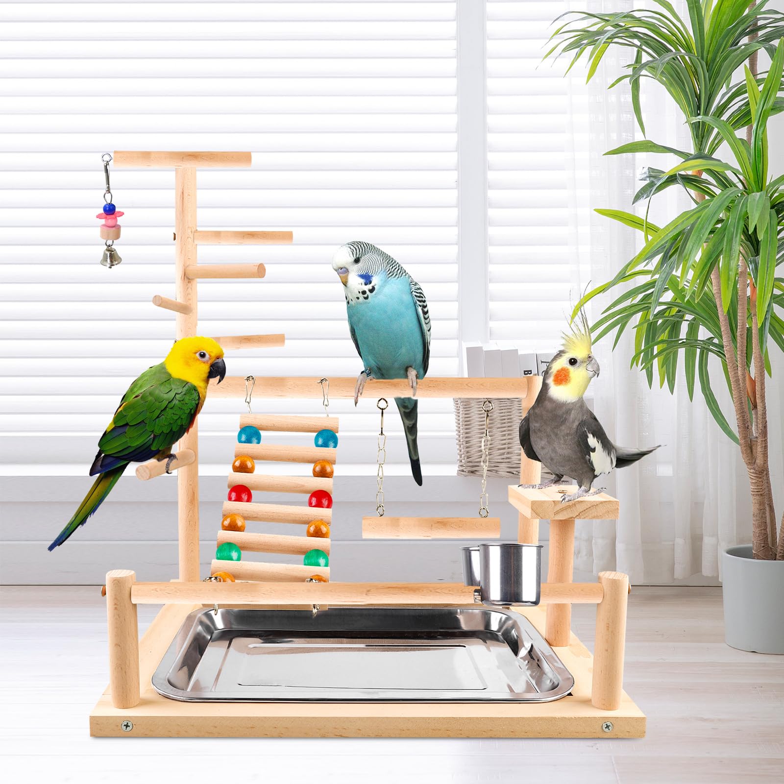 Juguete para pájaros, juguete para loros, juguete para periquitos, parque infantil con copa alimentadora, escalada, columpio y bandeja, asiento para periquitos, cacatúas, 37 x 26 x 44 cm