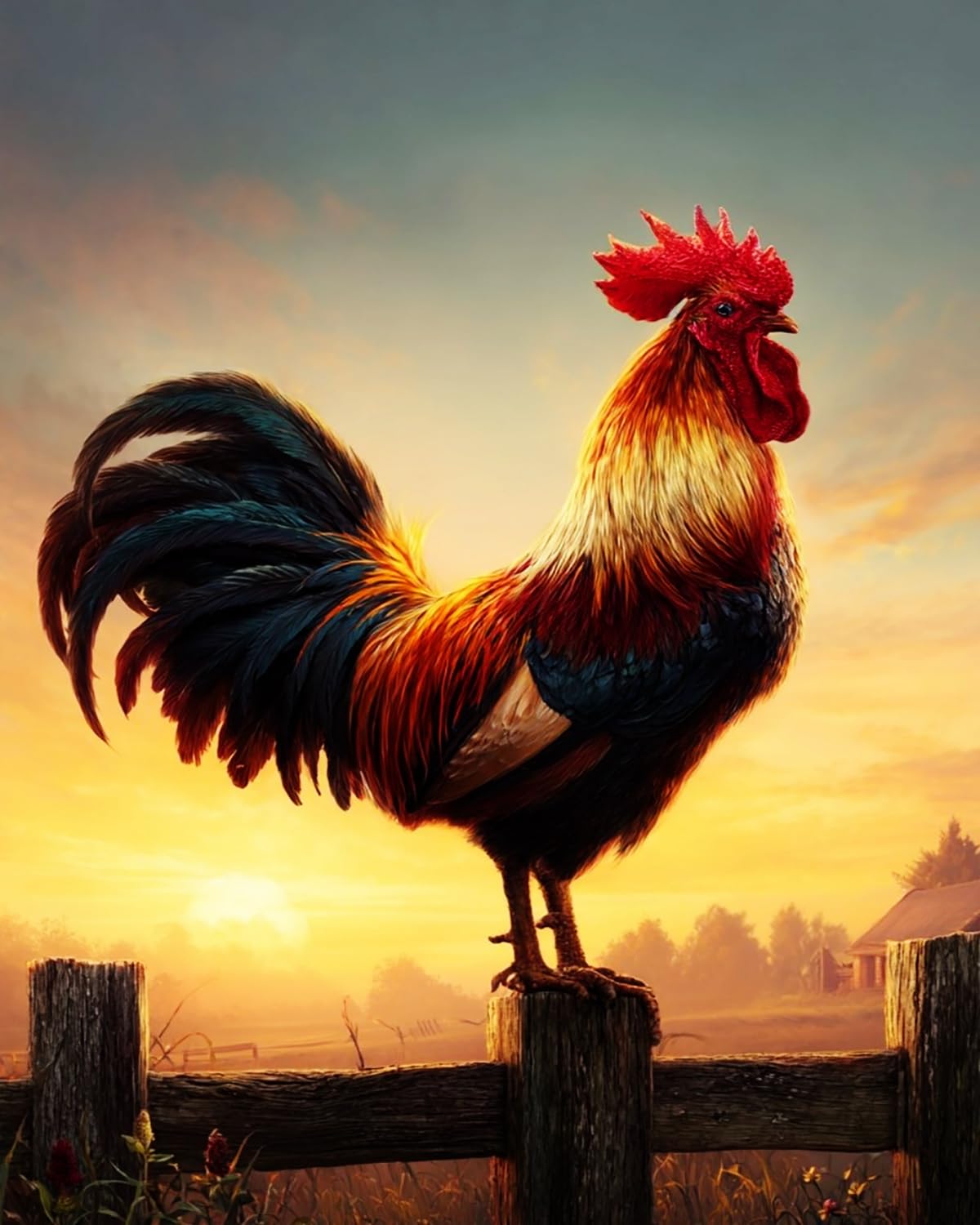 Liubaishi Multicolour Paint By Numbers For Adults, Rooster At Dawn, 40X50 Cm Acrylic Canvas Kit With 3 Brushes