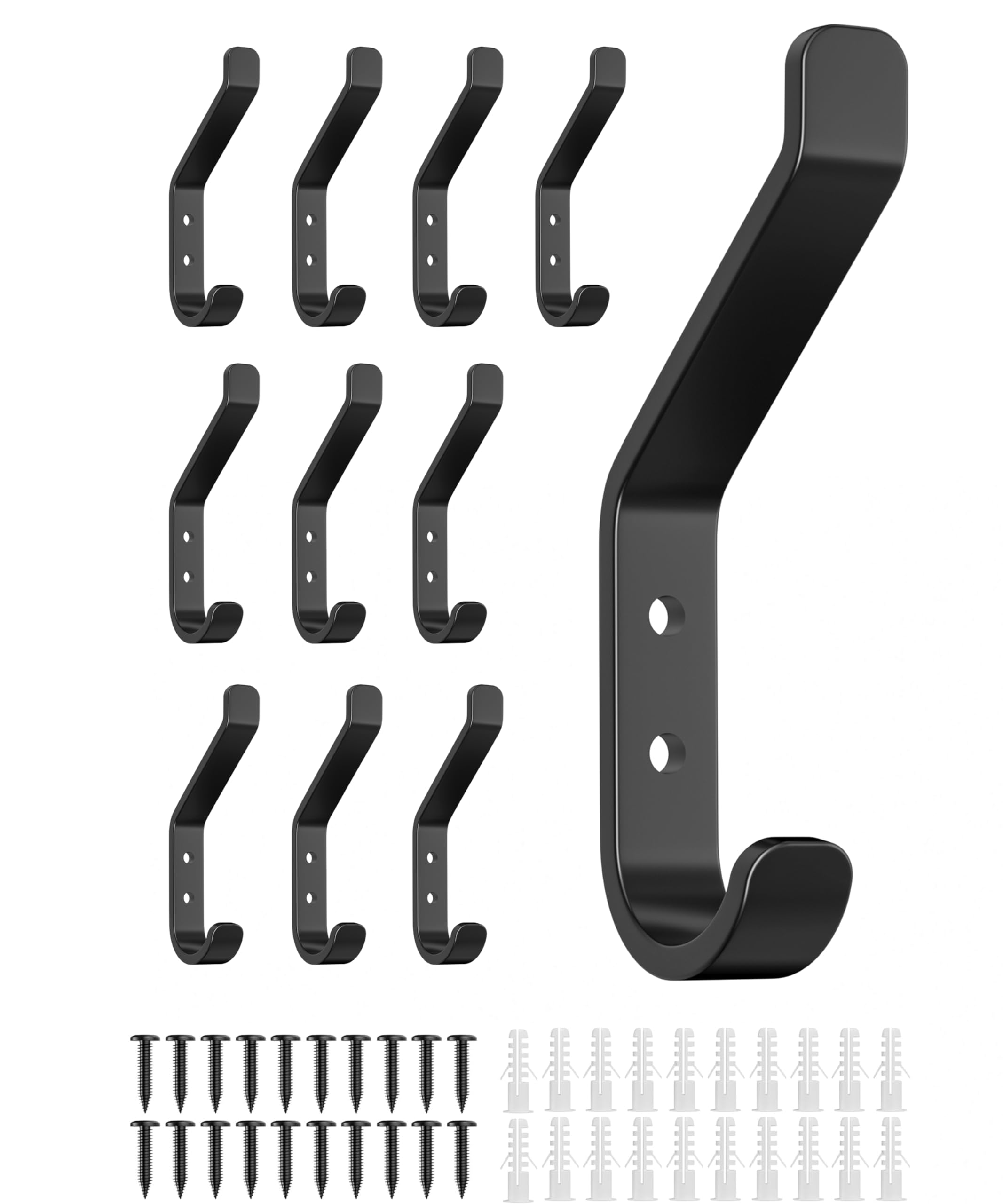 10 Pack Aluminum Wall Hooks for Hanging: 10KG Metal Strong Hook with Screw, Individual Hangers for Clothes Coat Towel, for Bathroom Door, Black 10cm
