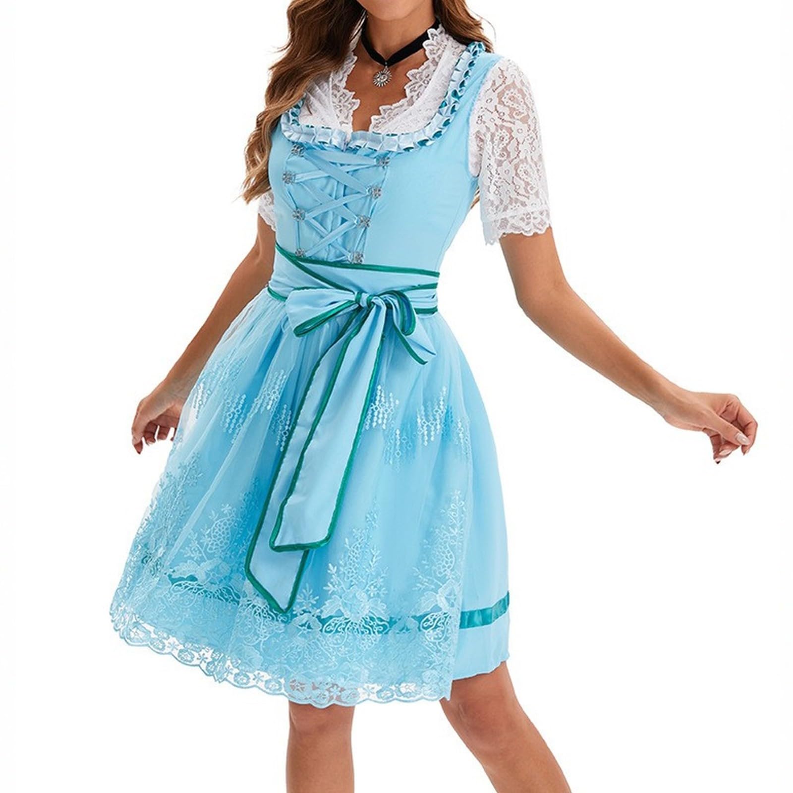 Dirndl Blau Damen Midi Trachtenkleid Dirndlbluse Spitze Dirndlschürze Schleife Dirndl-Komplettsets 4 Teilig Trachten Oktoberfest Damen Outfit Dirndlkleid Trachtenmode Einfarbige Trachtenrock