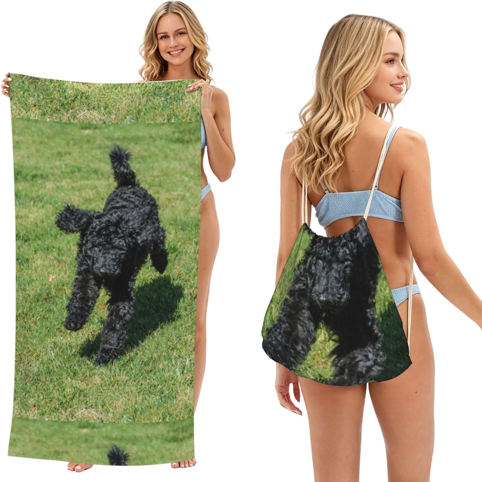 Poadnly As Picture Black Standard Poodle, 2 In 1 Packable Towel Bag, Beach Towels With Drawstring Backpack For Travel Holiday Camping