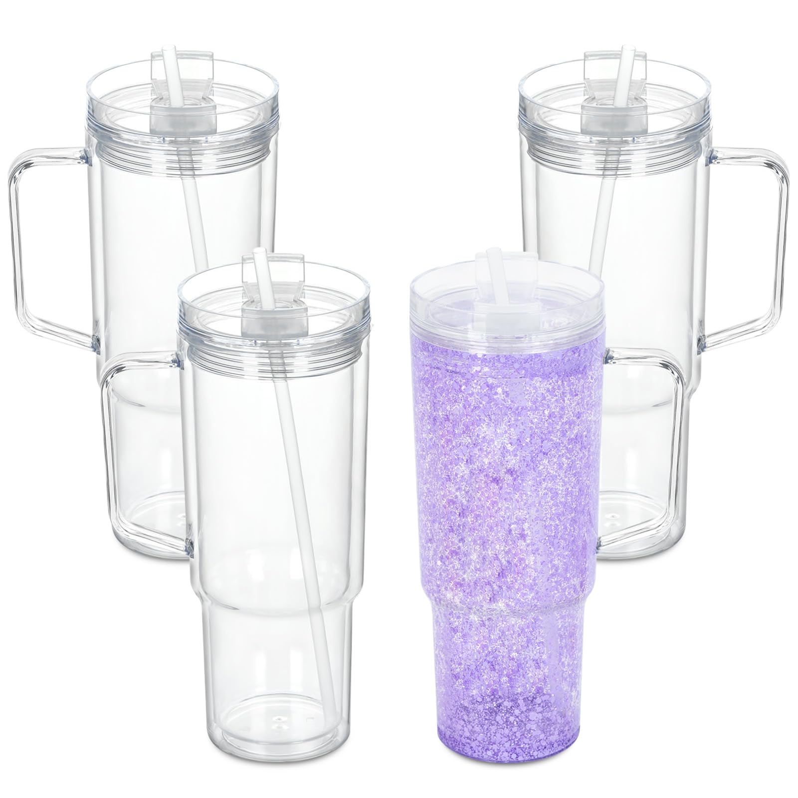 Photo 1 of Micellwuu 4 Pack 40 Oz Snowglobe Tumbler with Handle, Acrylic Snow Globe Cups with Pre-drilled Hole, Double Wall Reusable Clear Plastic Travel Coffee Mug Cup for Snowglobe Glitter DIY