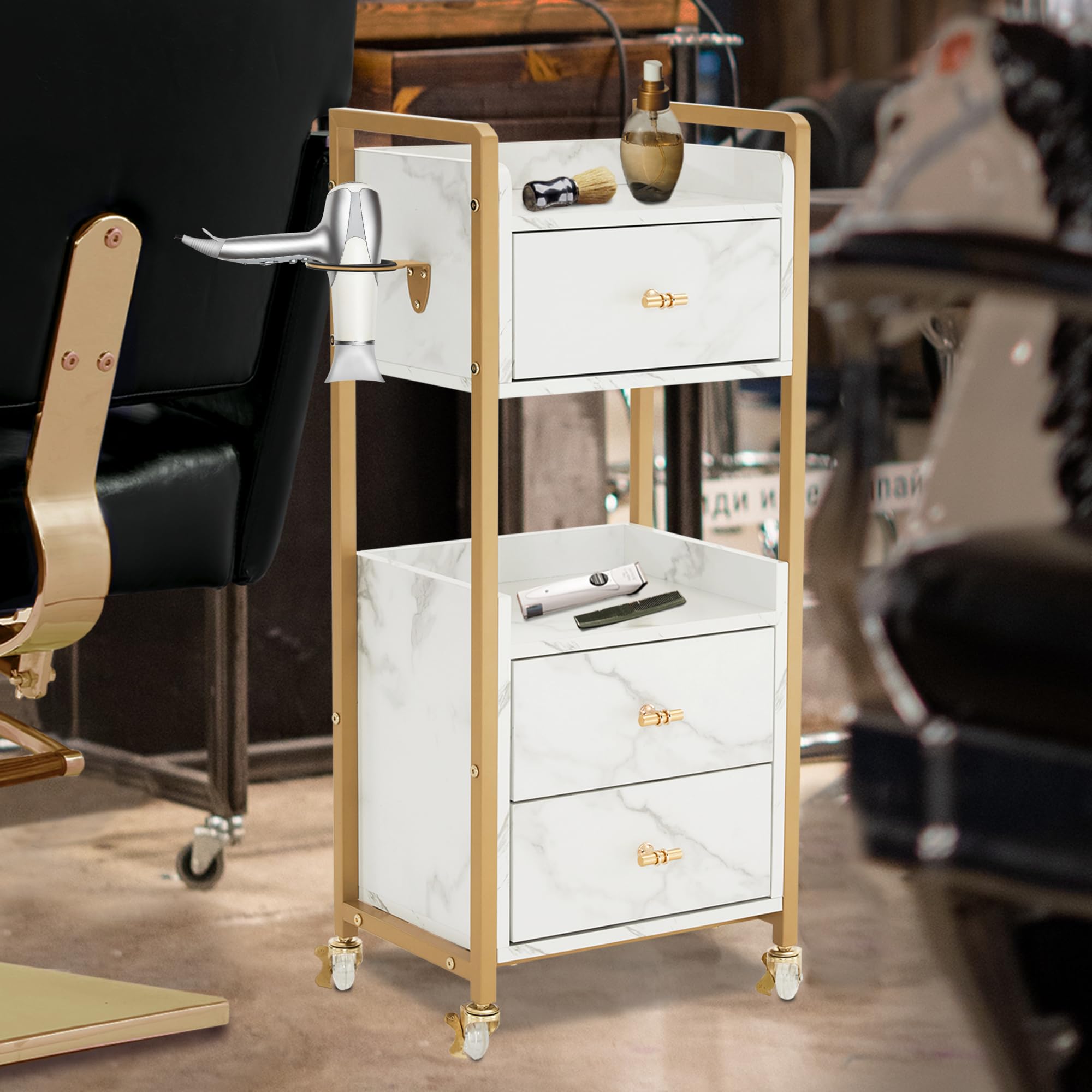 M MCombo Chariot de Service Avec Roulettes & 3 Tiroirs, de Coiffure Blanc-doré, de Travail Moderne pour Salle de Bain Salon, 0022