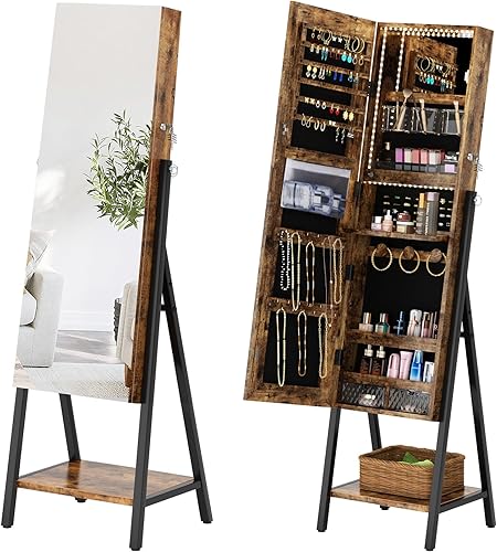 SDHYL Armario de joyería con espejo, espejo de longitud completa con almacenamiento, armario de joyería de pie con cerradura con espejo integrado y