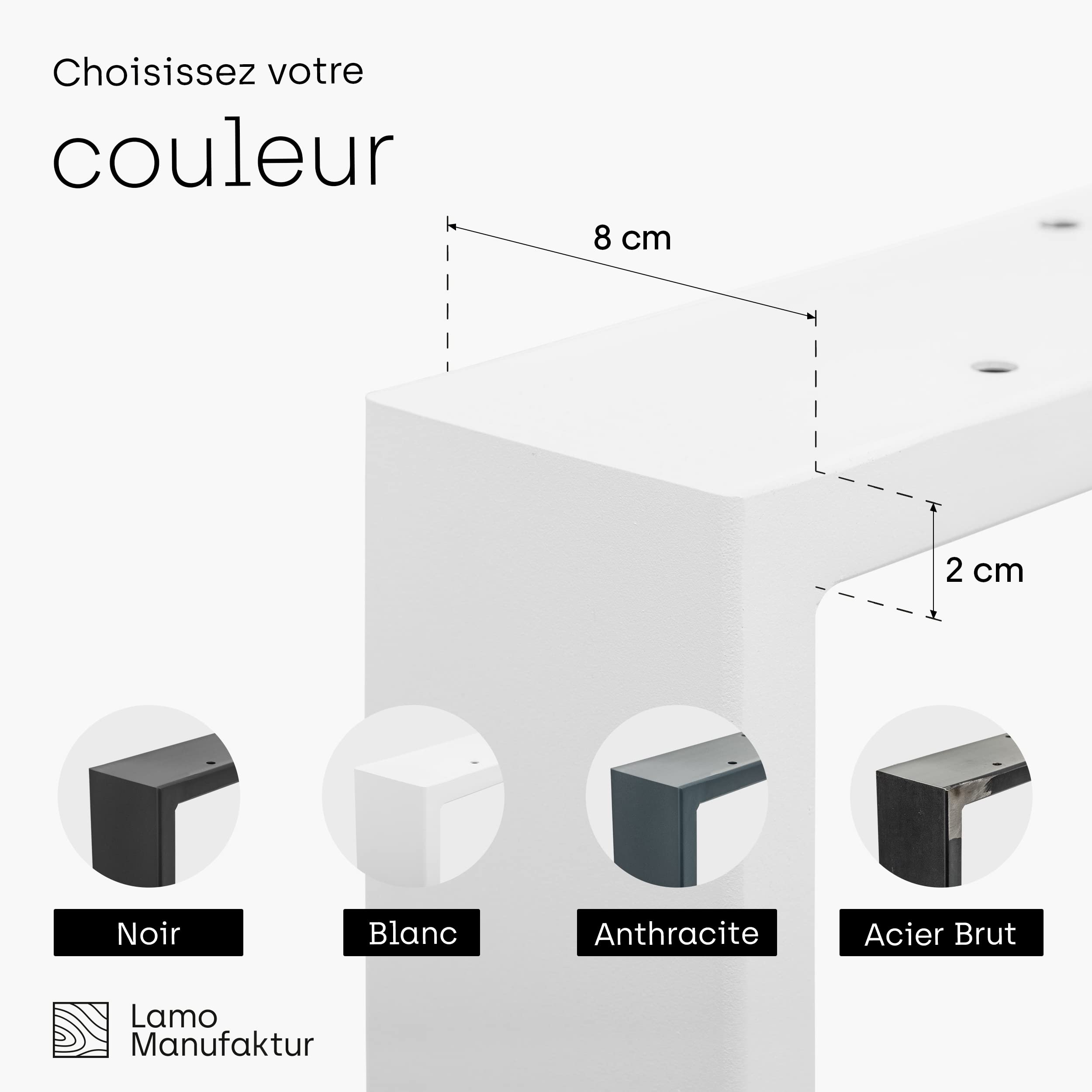 LAMO Manufaktur Lot de 2 Pieds de Table à Manger ou de Bureau, modèle Simple Massive, Profil 80x20 mm, 50x72 cm (L x H), Blanc, LTS-01-C-BB-9016