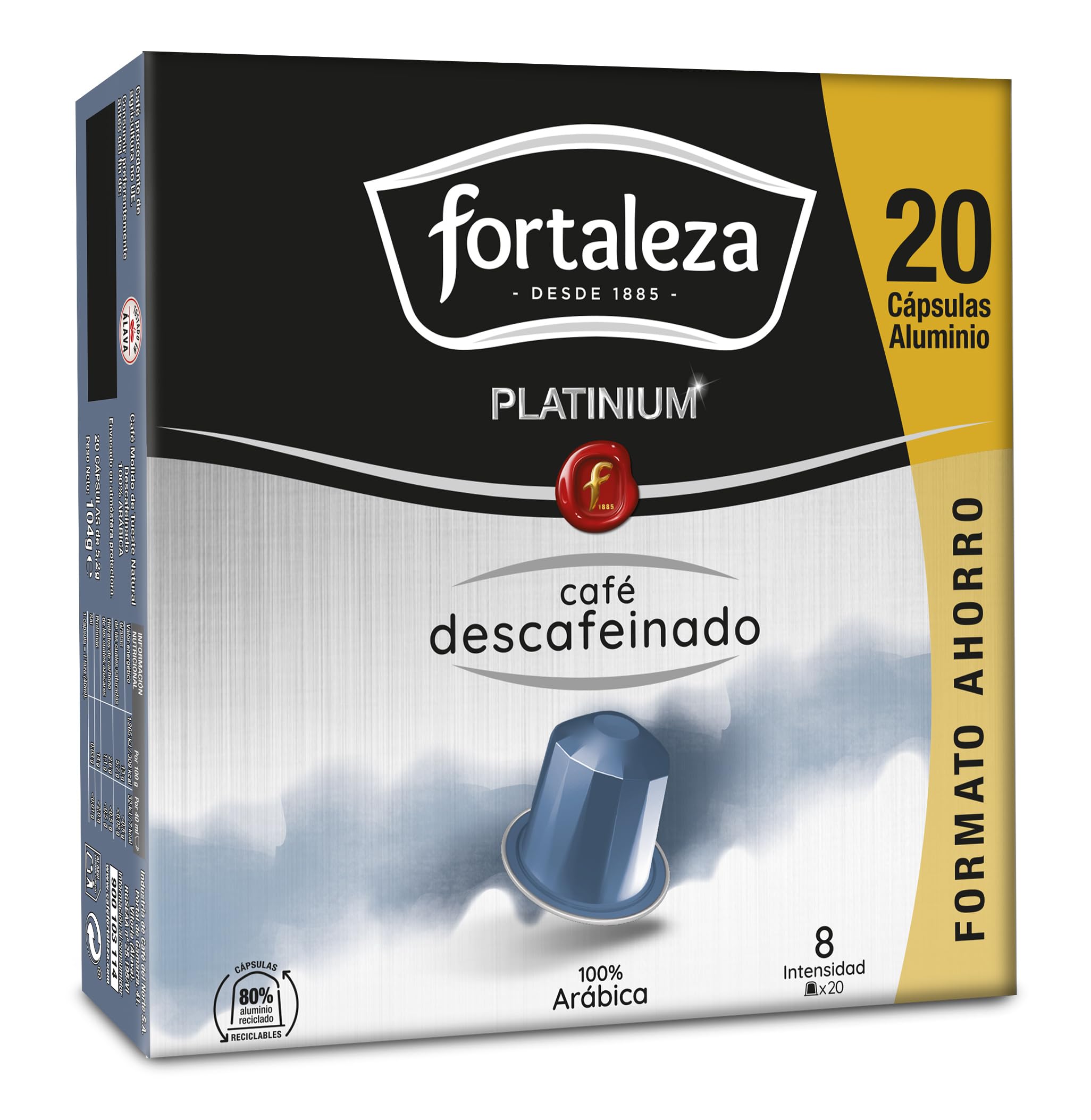 Café Fortaleza Platinium - Cápsulas Compatibles con Nespresso, de Aluminio, Descafeinado, 100% Arábica, Tueste Natural, Pack 8x20 - Total 160 uds