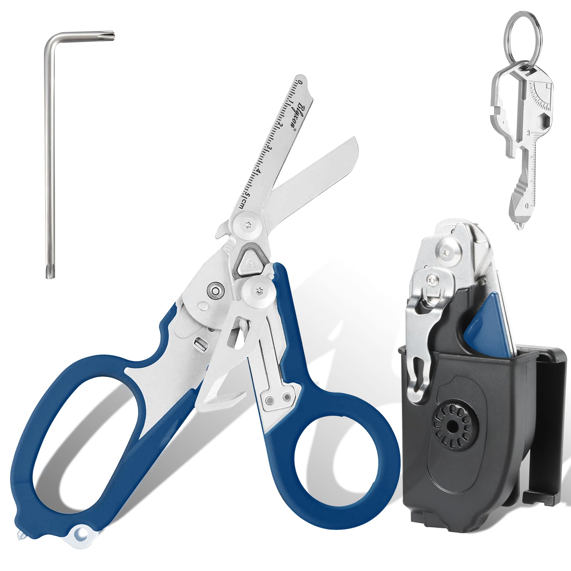 Blyxon Blue 6 In1 Multifunction Emergency Response Shears, Tactical Folding Trauma Shears, Outdoor Camping Rescue Scissors Tools With Utility Holster (Blue)
