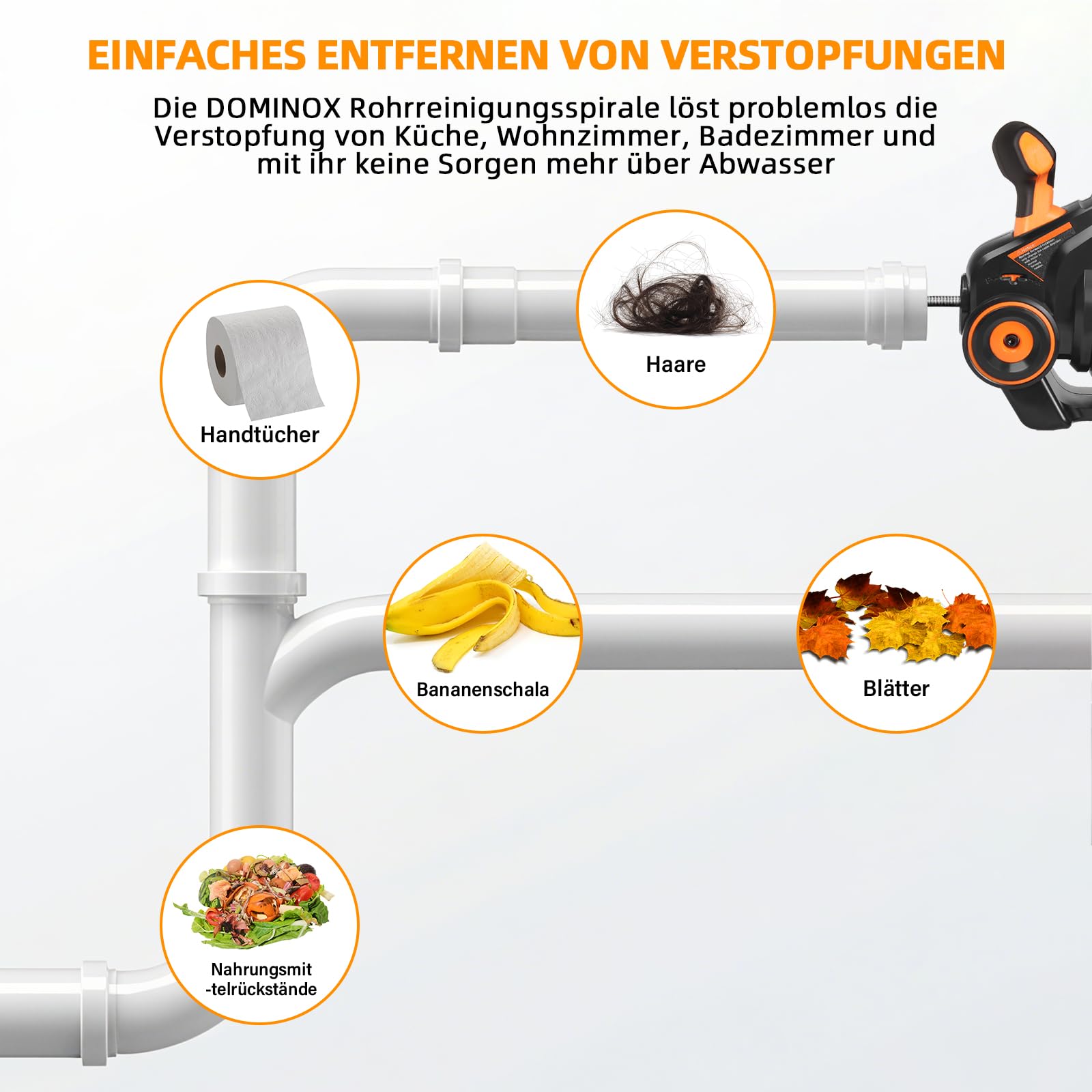 18V Akku Rohrreinigungsspirale, 7,6m Elektrisch Abflussreiniger Spirale, Rohrreiniger Spirale Zum Entblocken von Toilette, Badezimmer, Waschbecken Abflussrohre (Einschließlich Batterien)