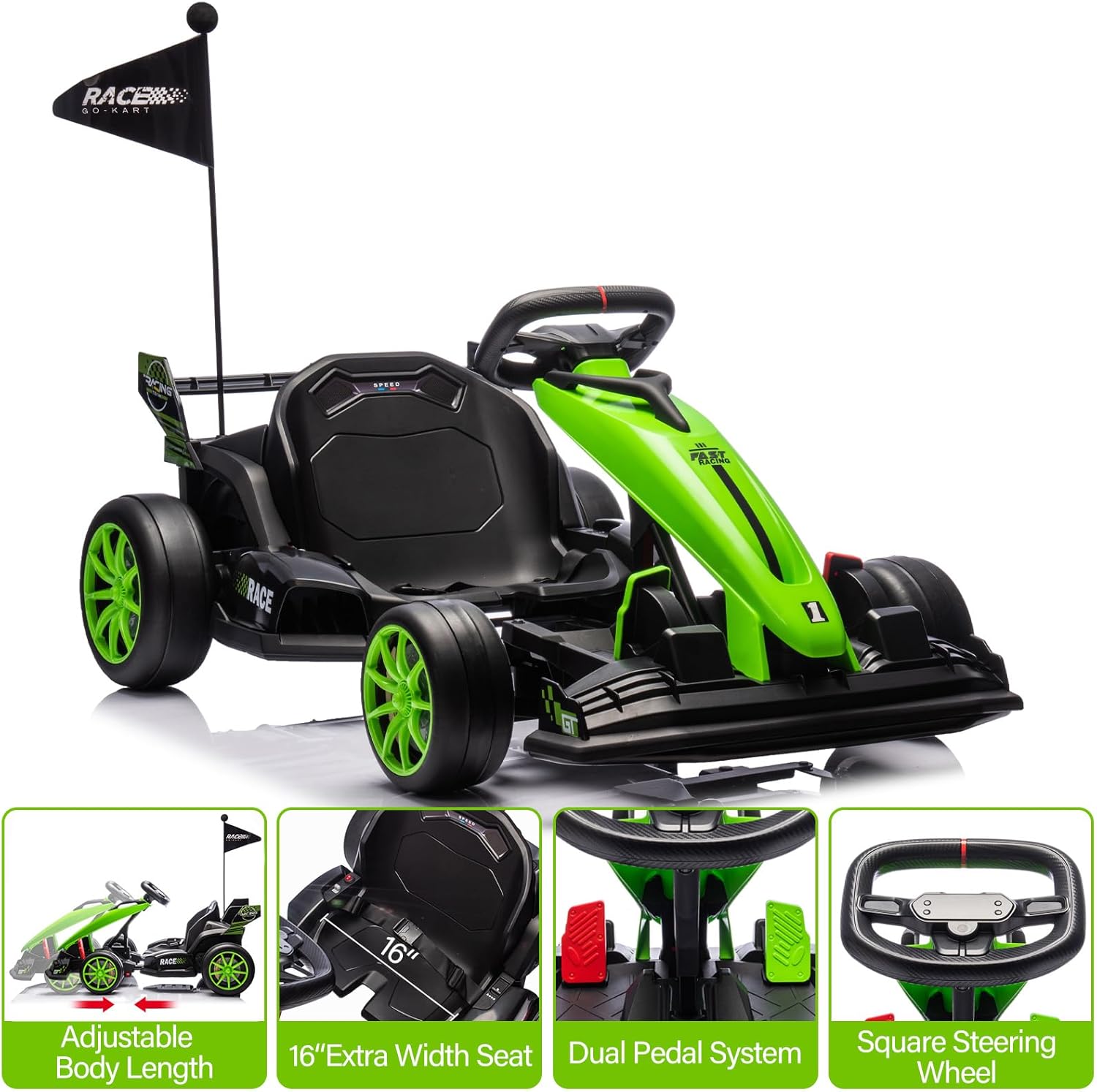 24v Drift Go Kart, Electric Ride on Drift Car with Adjustable Seat & EVA Silent Wheels, 7.5MPH Motorized Drifting Toy for Kids Ages 6-12, Parent-Safety Certified Ride-on Go Kart