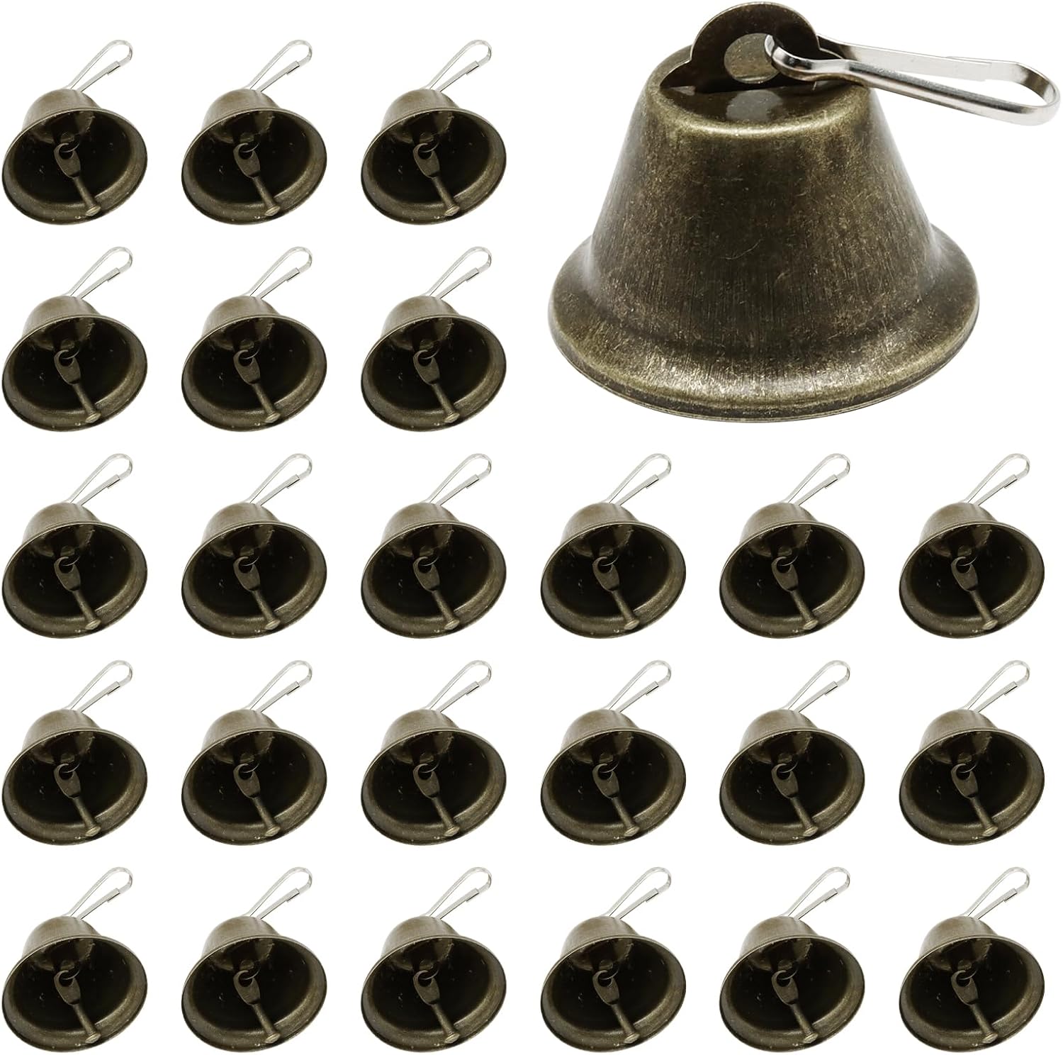 ZOCCVI 100 Pcs Craft Vintage Bells, Silver Jingle Small Brass Bells with Spring Hooks for Wind Chimes/Dog Potty Training/Wedding Decor