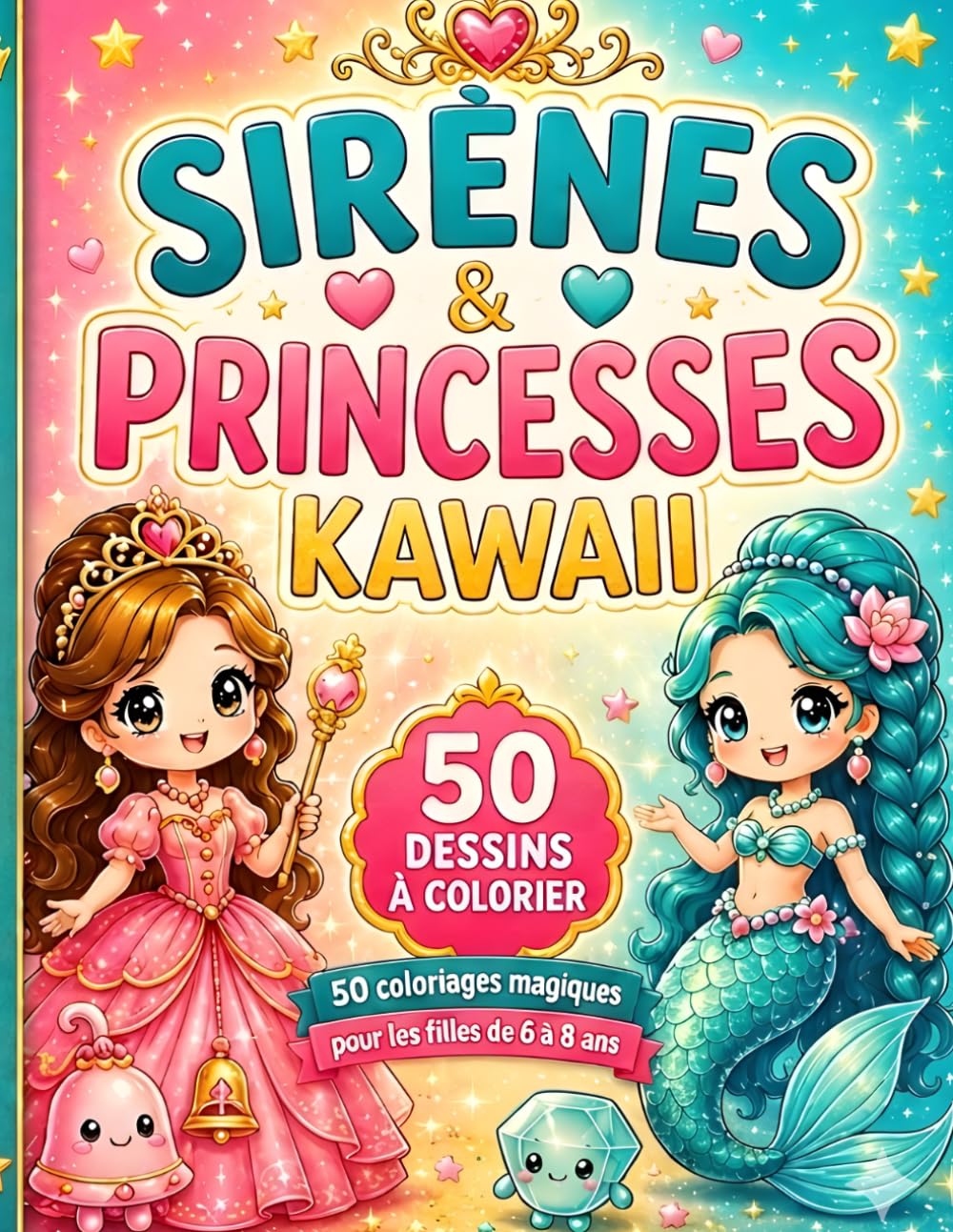 Sirènes & Princesses Kawaii: 50+ coloriages kawaii de sirènes et princesses pour les filles de 6 à 8 ans