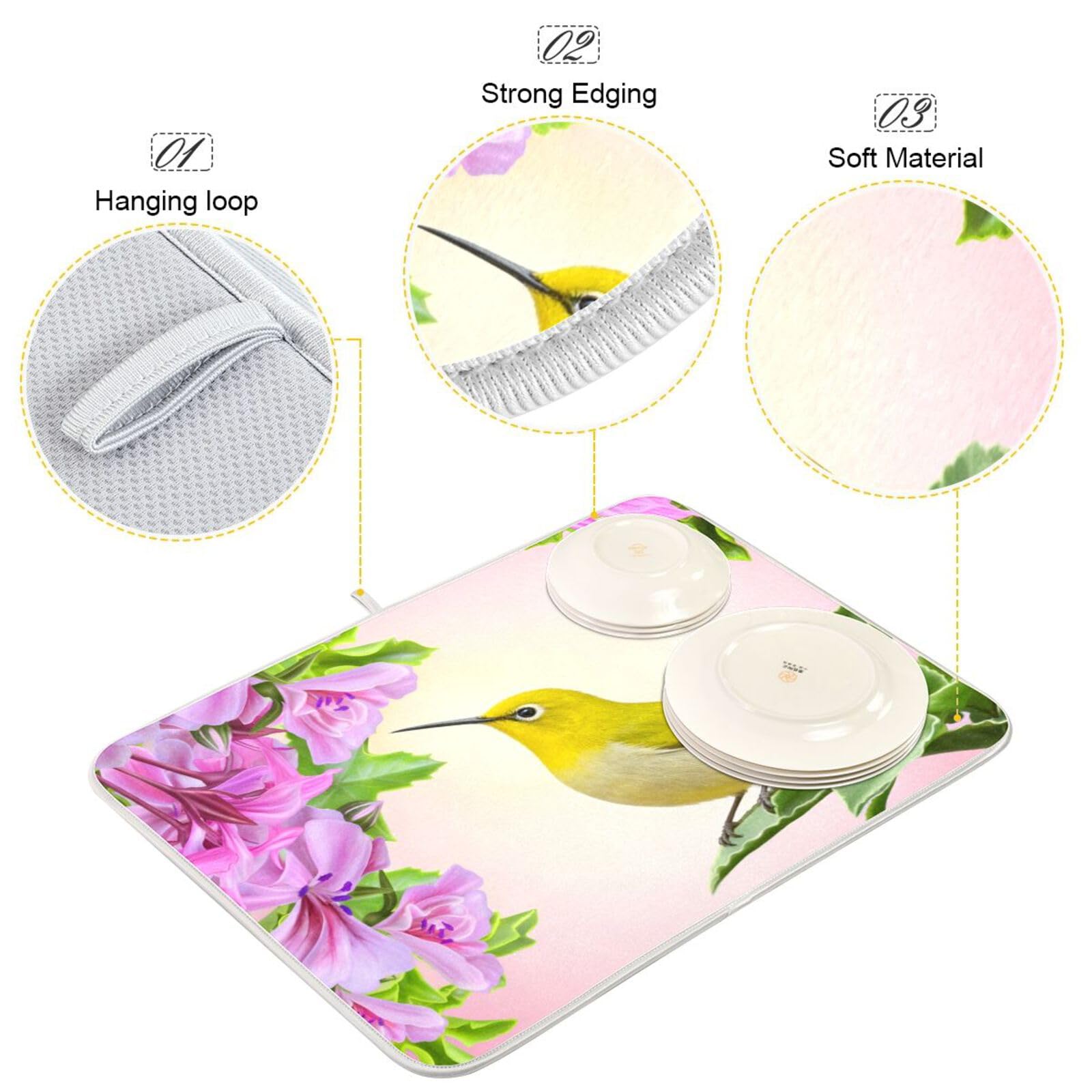 Frühling Kolibri-Geschirrtrockner Matte Geschirrmatten für Theke Mikrofaser 18 x 24 Geschirrtrockner Matte Küchenmatte Theke Geschirr Abtropfmatte
