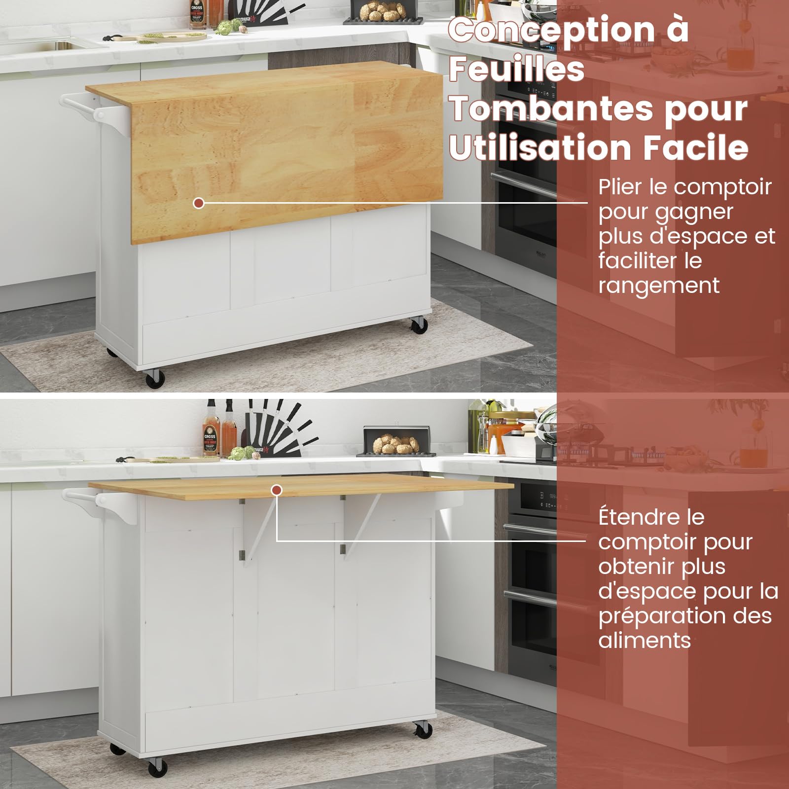 COSTWAY Desserte de Cuisine sur roulettes, Ilot Central Cuisine avec Plan de Travail Extensible Rabattable en Bois d'hévéa, Chariot de Service avec Tiroir, Porte-Bouteilles, Porte-Serviettes (Blanc)