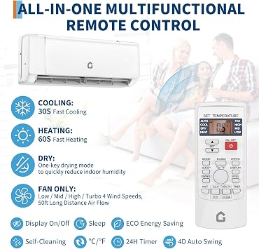 9000 BTU Mini Split AC w/Remote Control19 SEER2 Cools Up to 450 Sq. Ft,230 V Ductless Inverter Mini Split System w/0.75 Ton Heat Pump Pre-Charged & Installation Kit, Ultra-Quiet