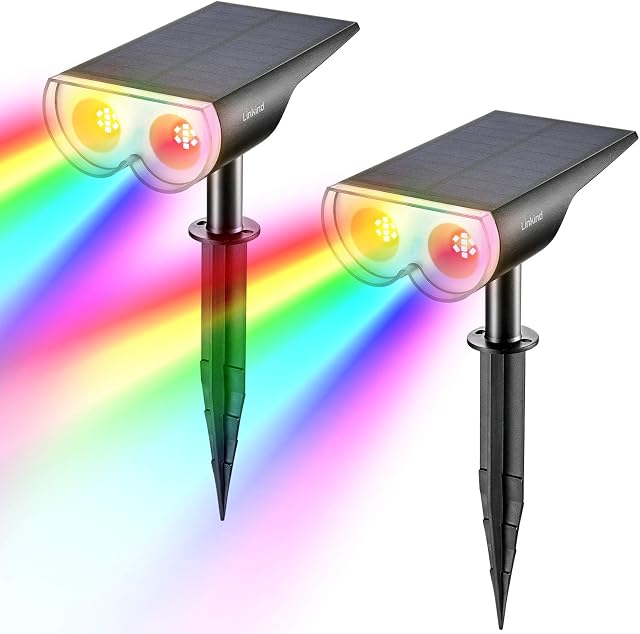 Linkind Solar Spotlight Outdoor Garden Lights, 16-LED Color Changing RGB Solar Powered Landscape Spot Lights, IP67 Waterproof Wall Light Christmas Decor for Pathway, Patio, Gate, Fence, 2 Packs