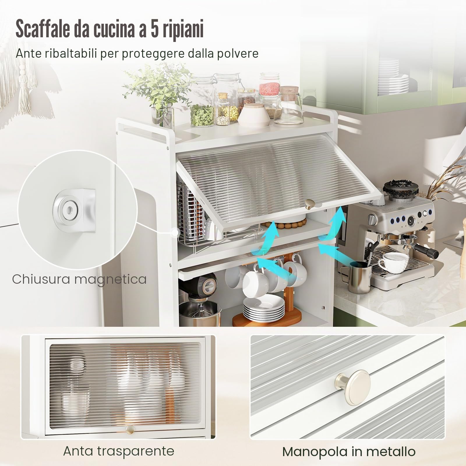 GIANTEX Credenza Cucina a 5 Livelli, Scaffale da Cucina in Piedi su Ruote, Mobile Cucina Dispensa con Ante in PC, con Protezione Antiribaltamento, 60 x 32 x 154 cm, 3 Colori (Bianco)