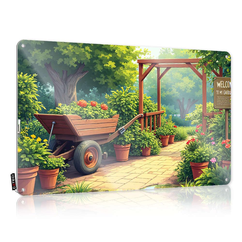 A Charming Garden Scene With A Wooden Cart Filled With Vibrant Flowers. Small Funny Sign | Metal Vintage Style Letters Bedroom Decoration Easy Hang(20X30CM)