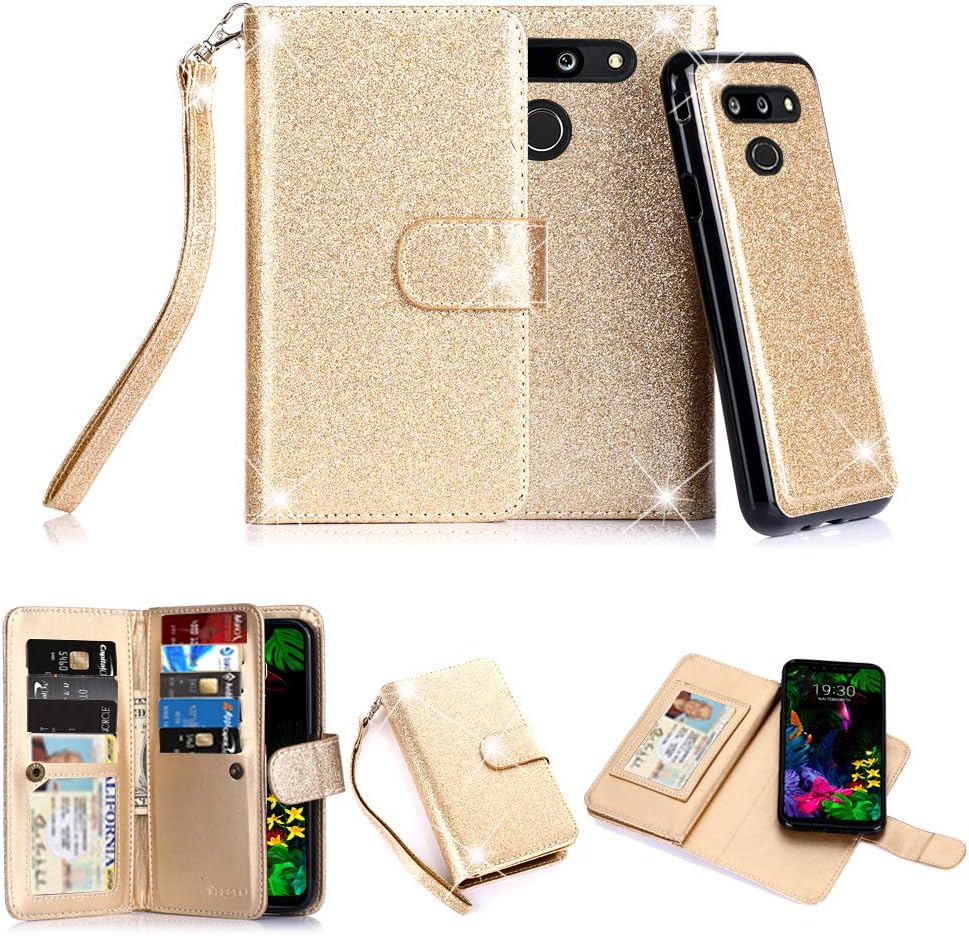LG G8 ThinQ Case, LG G8 Case, 10 Card Slot - ID Slot, Button Phone Wallet Cover Folio PU Leather Case Cover with Detachable Magnetic Hard Case - Glitter Gold