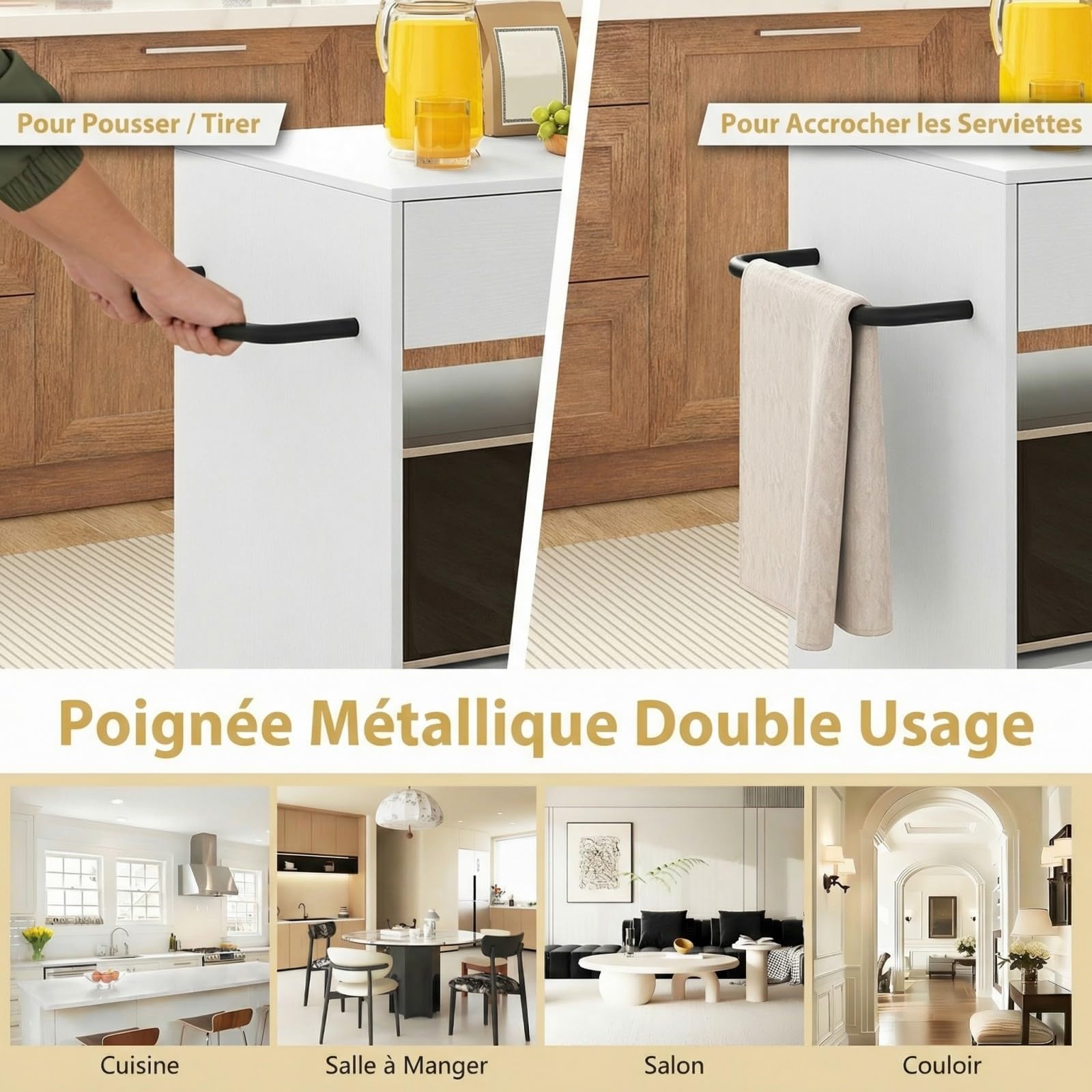 COSTWAY Desserte de Cuisine sur roulettes (2 Verrouillables), îlot de Cuisine avec 3 Support à Épices, Chariot de Service Armoire 1 Tiroir Étagère Ouverte, 46 x 75 x 90,5 cm (Blanc Pur)