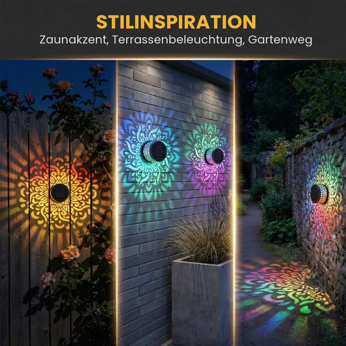2 Stück Solar-Mandala-Wandleuchten, sieben Farbwechsel, dekorative Projektionslampe für den Außenbereich, wasserdicht, Metallzaunlicht für Hof, Garten, Terrasse, Hinterhofpfosten