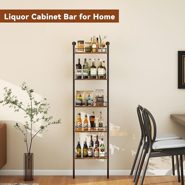 YMYNY Estante de Vino Independiente de 5 Plantas, Estante de exhibición de Botellas con Vallas, Estante de Almacenamiento Flotante montado en la Pared de Cocina, 43 x 20 x 177cm Marrón Retro HWR001H - 4