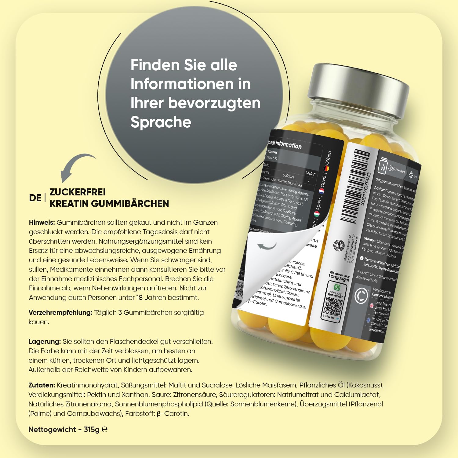 Creatin Monohydrat Gummibärchen - 5000 mg Kreatine pro Portion - 90 Gummibärchen Ohne Zucker - Leckere Kreatin Gummies mit Zitronengeschmack - Ohne Gentechnik - Vegane Gummies - WeightWorld