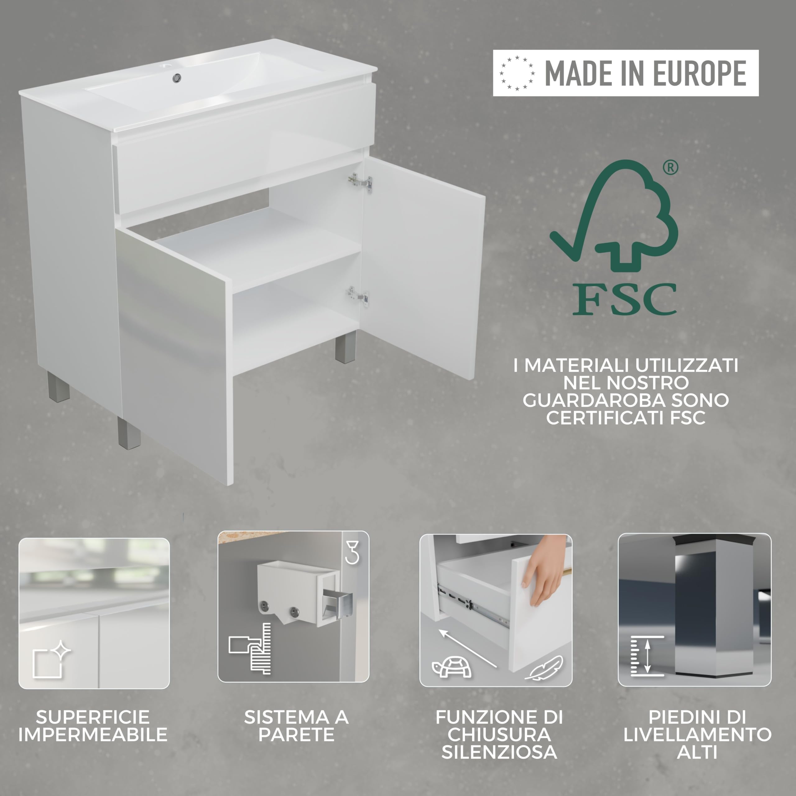 Lavabo ARIZA con mobile largo 80 cm, Lavabo con mobile a 2 ante, Set di mobili da bagno - Bianco opaco/Fronte bianco brillante