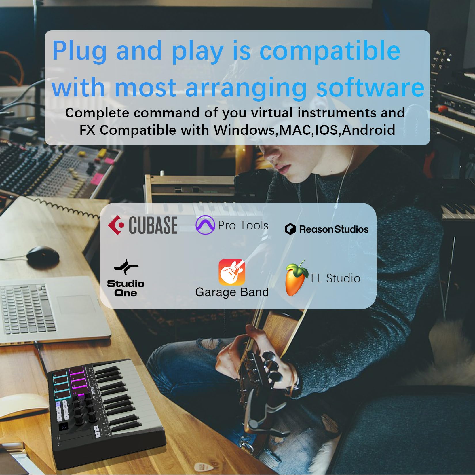HOEREV MIDI Keyboard Controller With 8 Backlit Drum Pads, Wireless Semi Weighted Professional dynamic Keybed 8 Knobs 25 Keys USB With Lithium Battery,Black