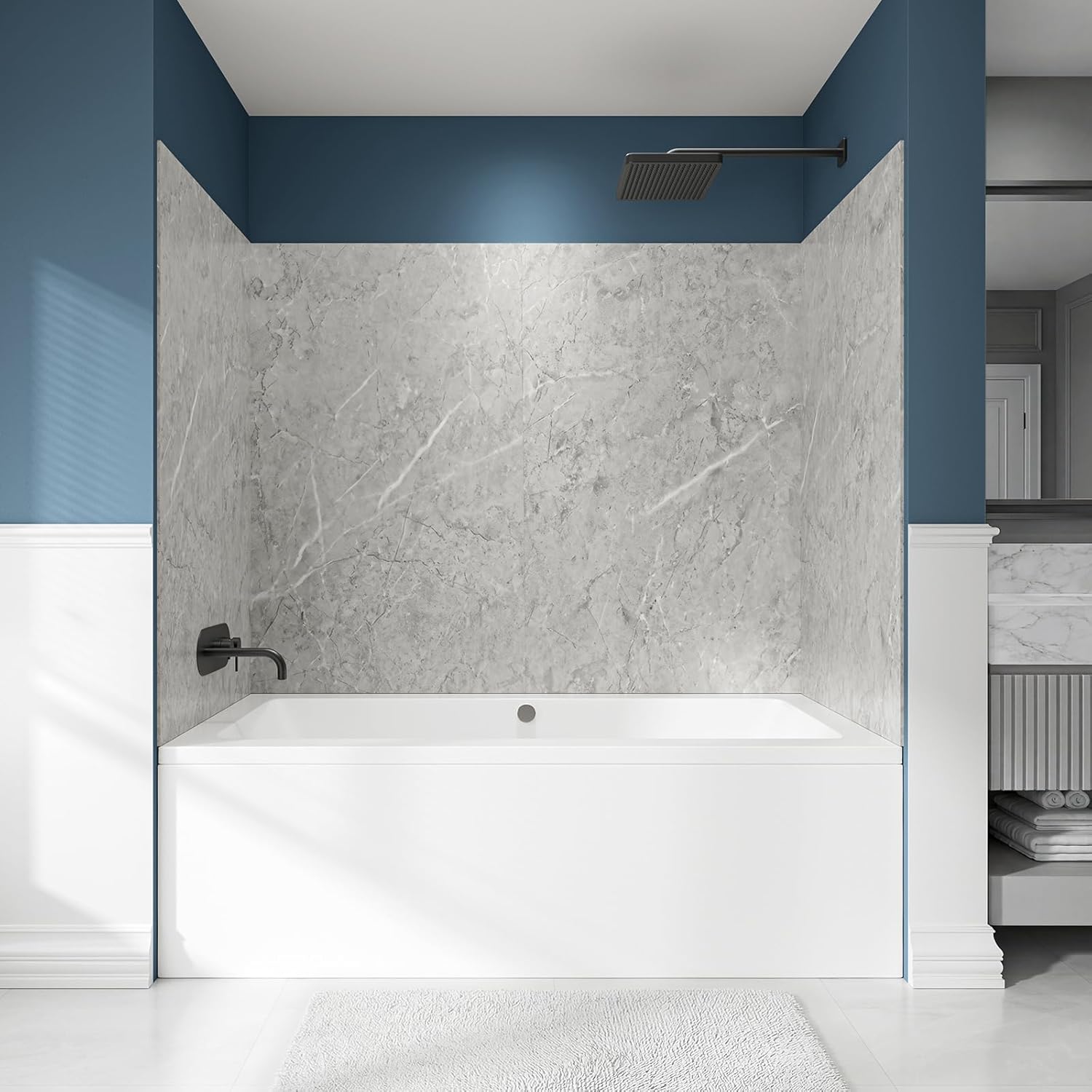71" × 60" × 36" Tub Surround Shower Wall Panels Kit – 9-Piece SPC Gray Marble, Waterproof Bathtub Wall Panels & Shower Surround Kit (3 Back + 6 Side) Easy DIY Click-Lock