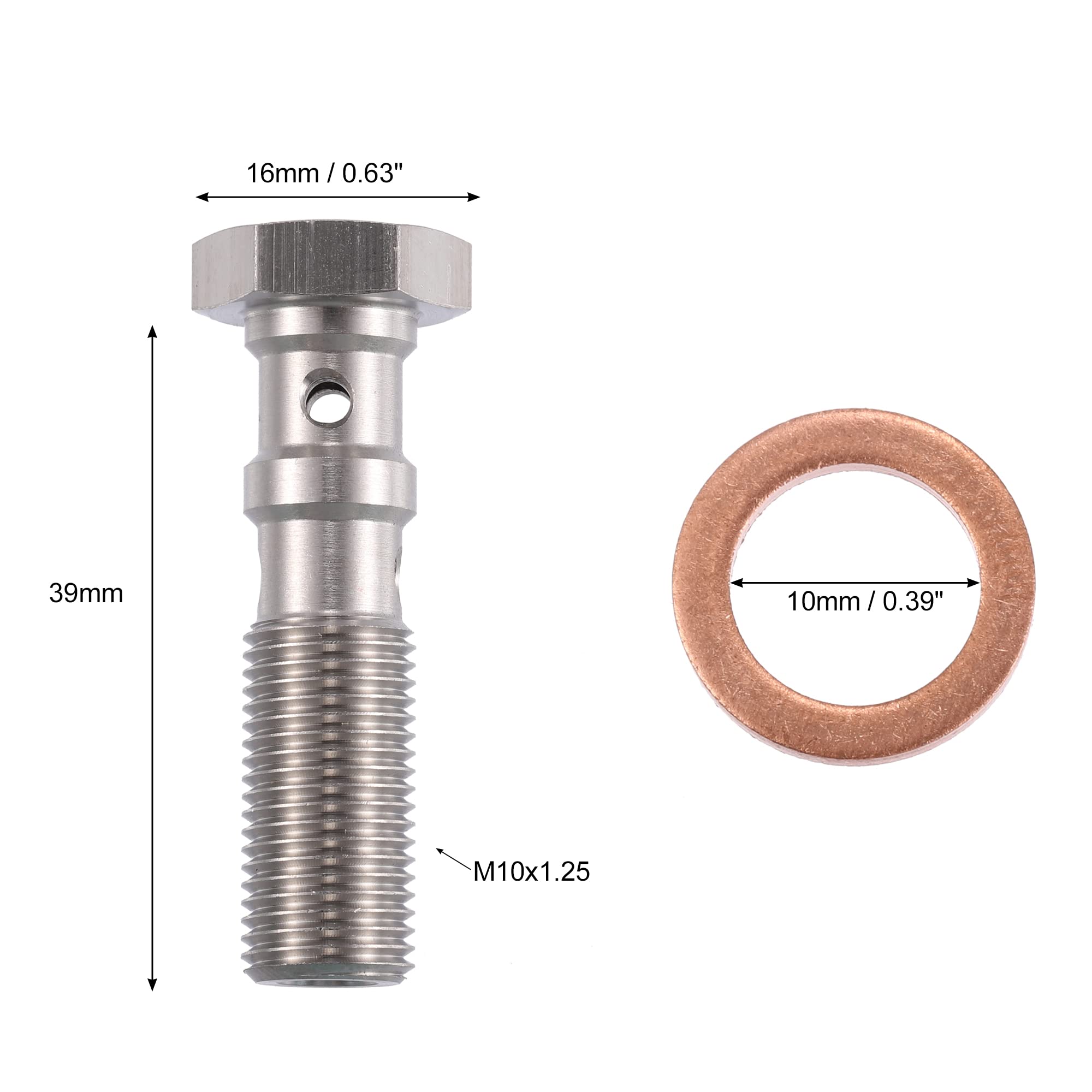 X AUTOHAUX Perno De Banjo Doble M10X1.25 Plateado 1 Pc Para Freno | Color Plateado Y Dorado, Material Acero Inoxidable Y Cobre, Tamaño M10X1.25, Longitud 39Mm, Incluye 3 Arandelas