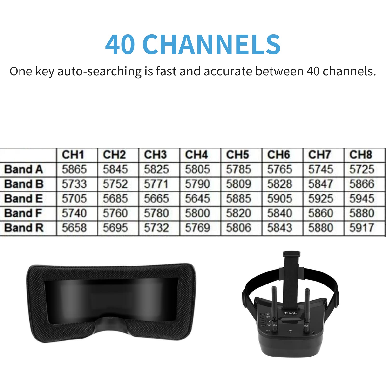 FPV-Brille, 5,8-GHz-Mini-FPV-Brille 3-Zoll-LCD-Bildschirm 40-Kanal-FPV-Video-Headset Brille Eingebauter 3,7-V-1200-mAh-Akku