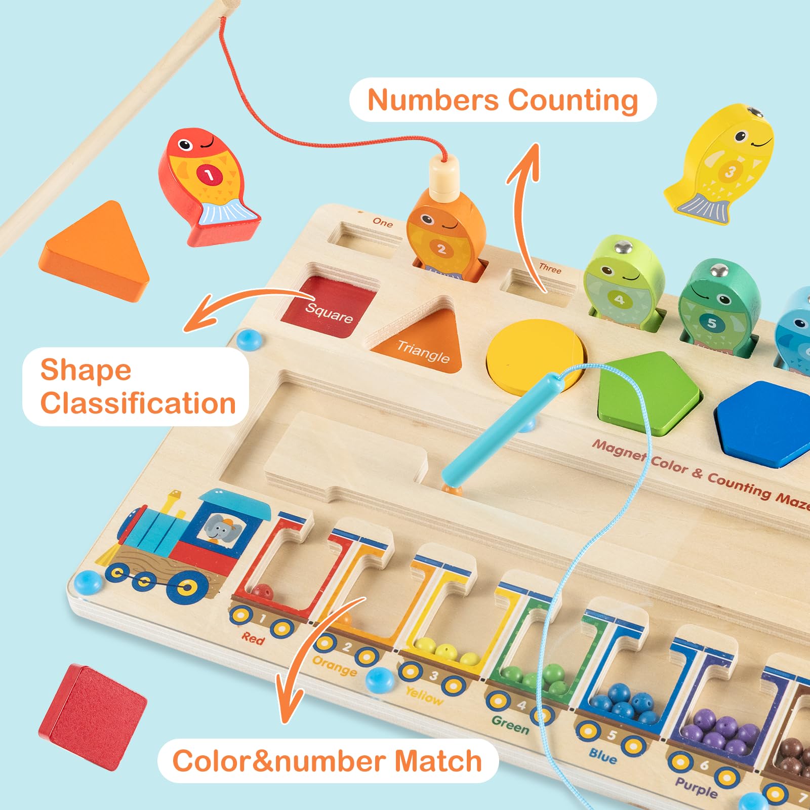 3-in-1 Giocattoli Montessori Multifunzionali per Bambini di 3 4 5 Anni, Labirinto Magnetico di Colori Numeri & Gioco di Pesca, Tavola di Attività in Legno per Ragazzi Ragazze, Regalo Compleanno Natale
