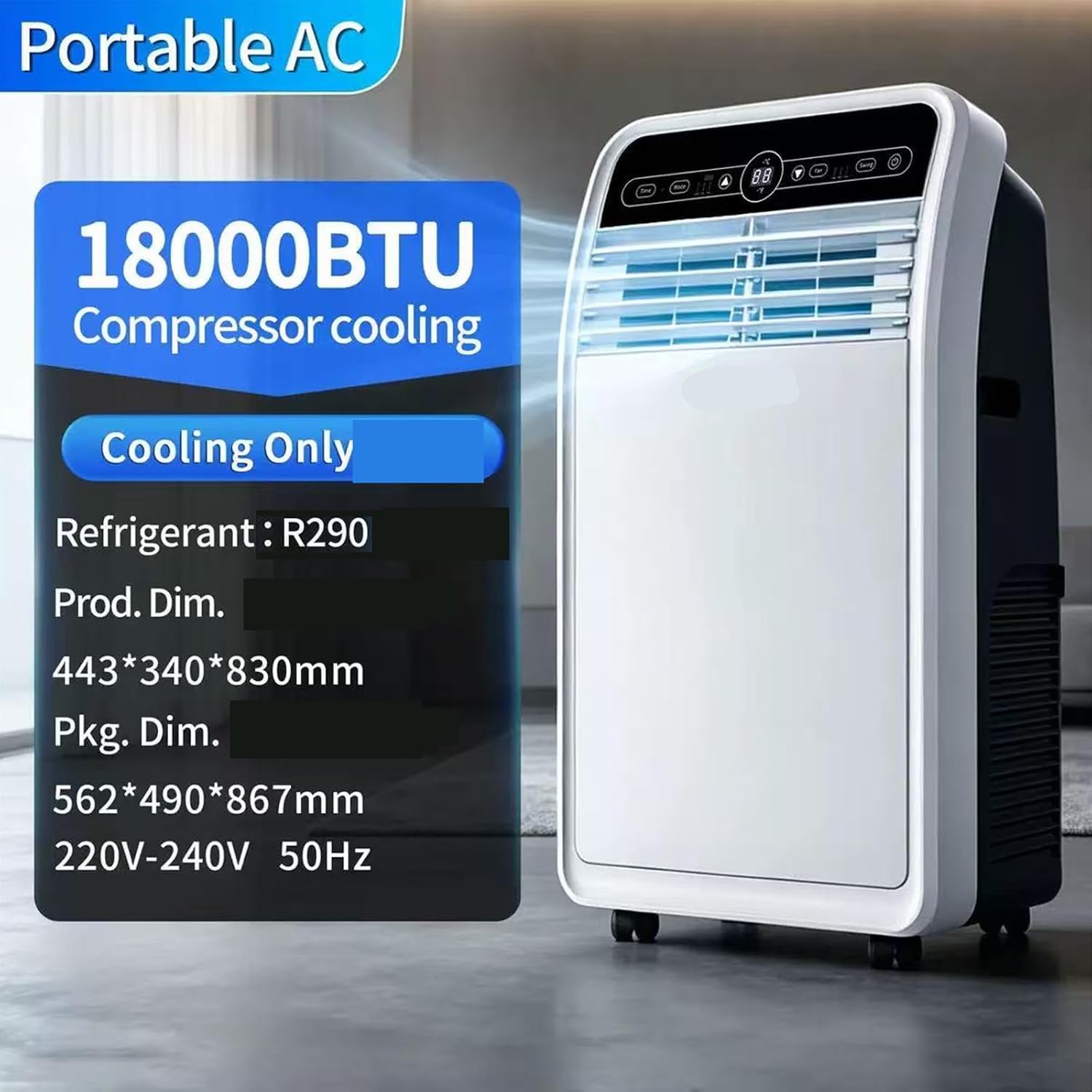 Tragbare AC-Einheit 18000 BTU, 3-in-1 Klimaanlage mit Rädern & Fernbedienung, nur kühl, energieeffizient, geringes Rauschen, UK-Stecker, ideal für Schlafzimmer Büro