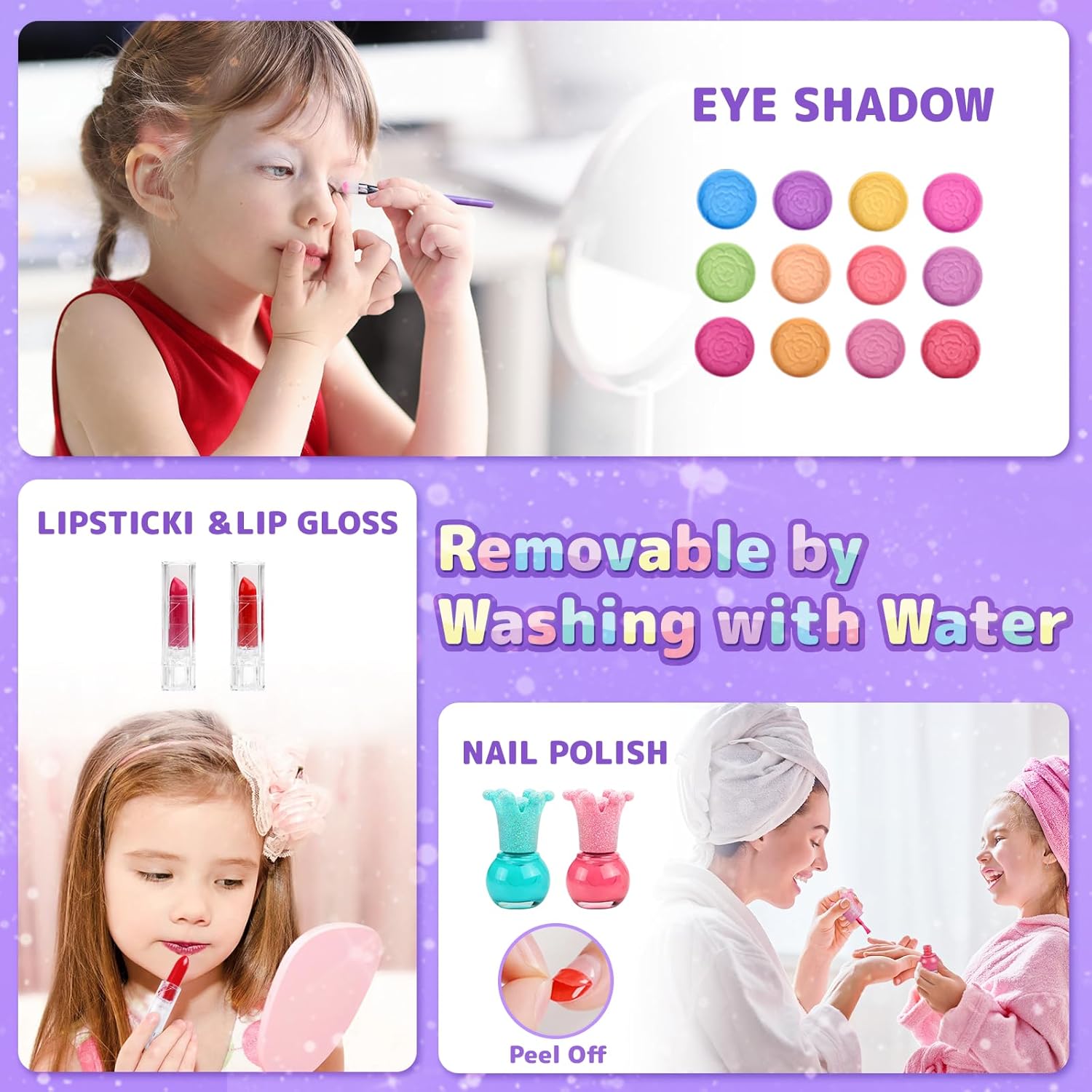 Kids Makeup Set for Girl, Real Washable Cosmetic Children's Toy Makeup Box Set with Mirror, Gentle & Skin-Friendly Princess Dress Up Kit, 40 Pcs, Present for Ages 3+ (Purple)